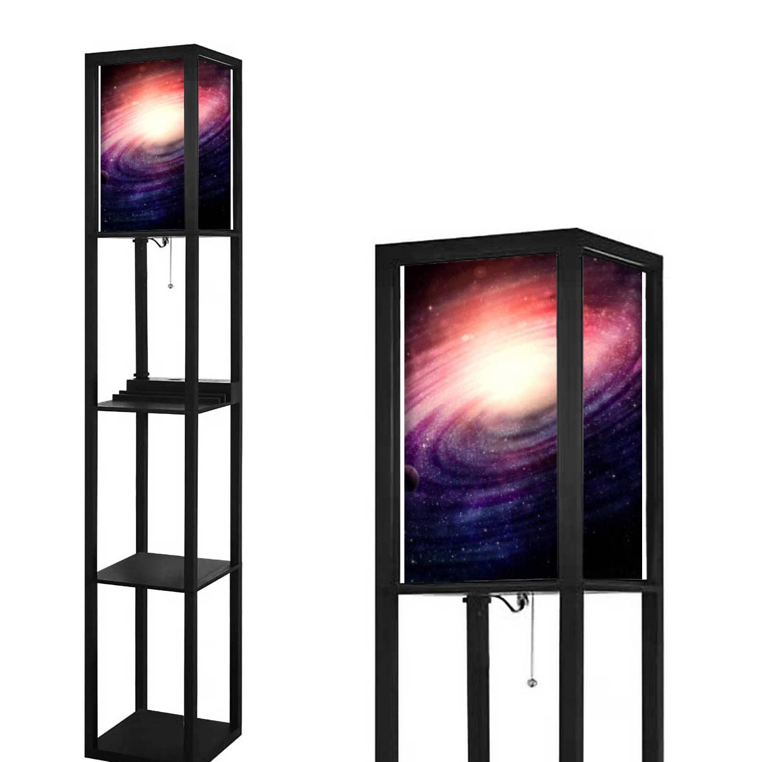 Modern 3D Space Planets Abstract Floor Lamp with Shelves, USB Ports & Power Outlet - Corner Standing Lamp with Linen Fabric Shade for Living Room, Bedroom | Home Office Lighting, Reading Nook, Dorm Decor