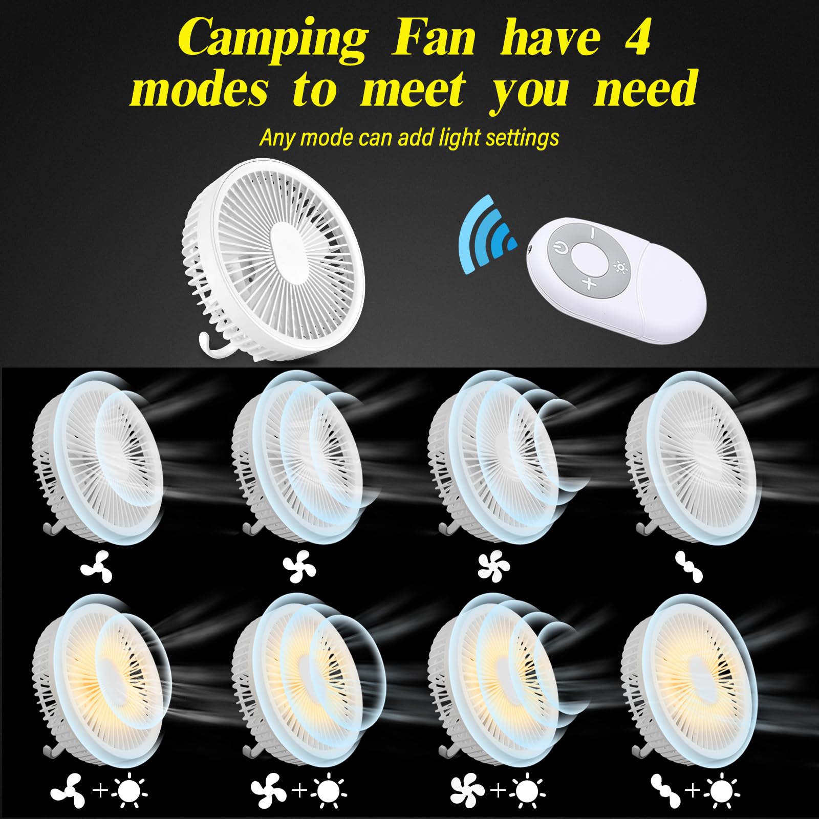 ZKLiLi 7-Inch Rechargeable USB Camping Fan with Light & Remote Control - Portable Hanging Tent Fan for Outdoor Camping, Hiking, and Indoor Desk Use - White
