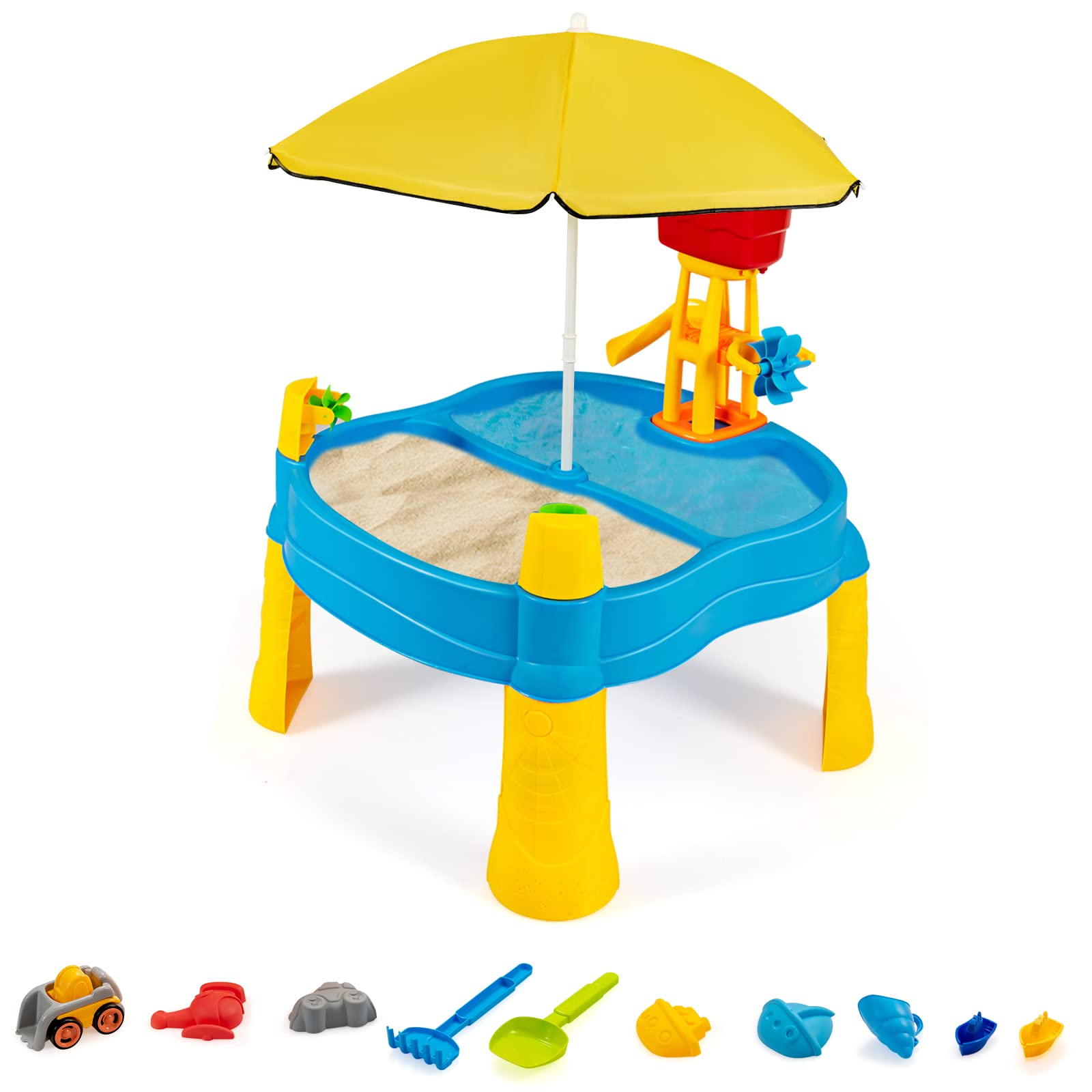 HONEY JOY Sand and Water Table for Toddlers 1-3 Years - Outdoor Sensory Play Table with 18 Pcs Accessories & Umbrella - Kids Summer Activity Toy for Backyard, Beach, and Park Water Play