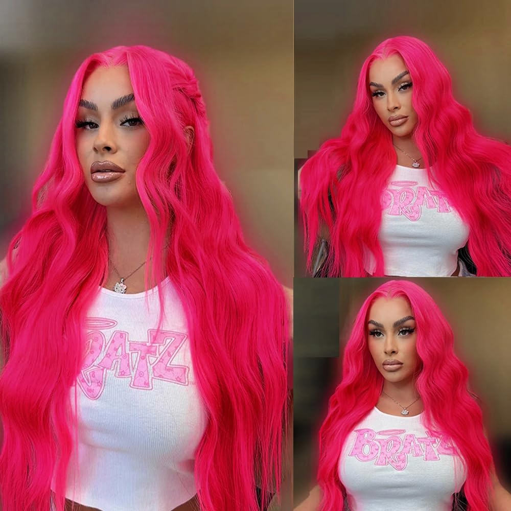 Hot Pink Body Wave Lace Front Wig 24inch - 13x4 HD Transparent Lace Frontal Human Hair Wig with Baby Hair, 180% Density Brazilian Remy Hair for Women - Perfect for Cosplay, Parties, and Daily Styling