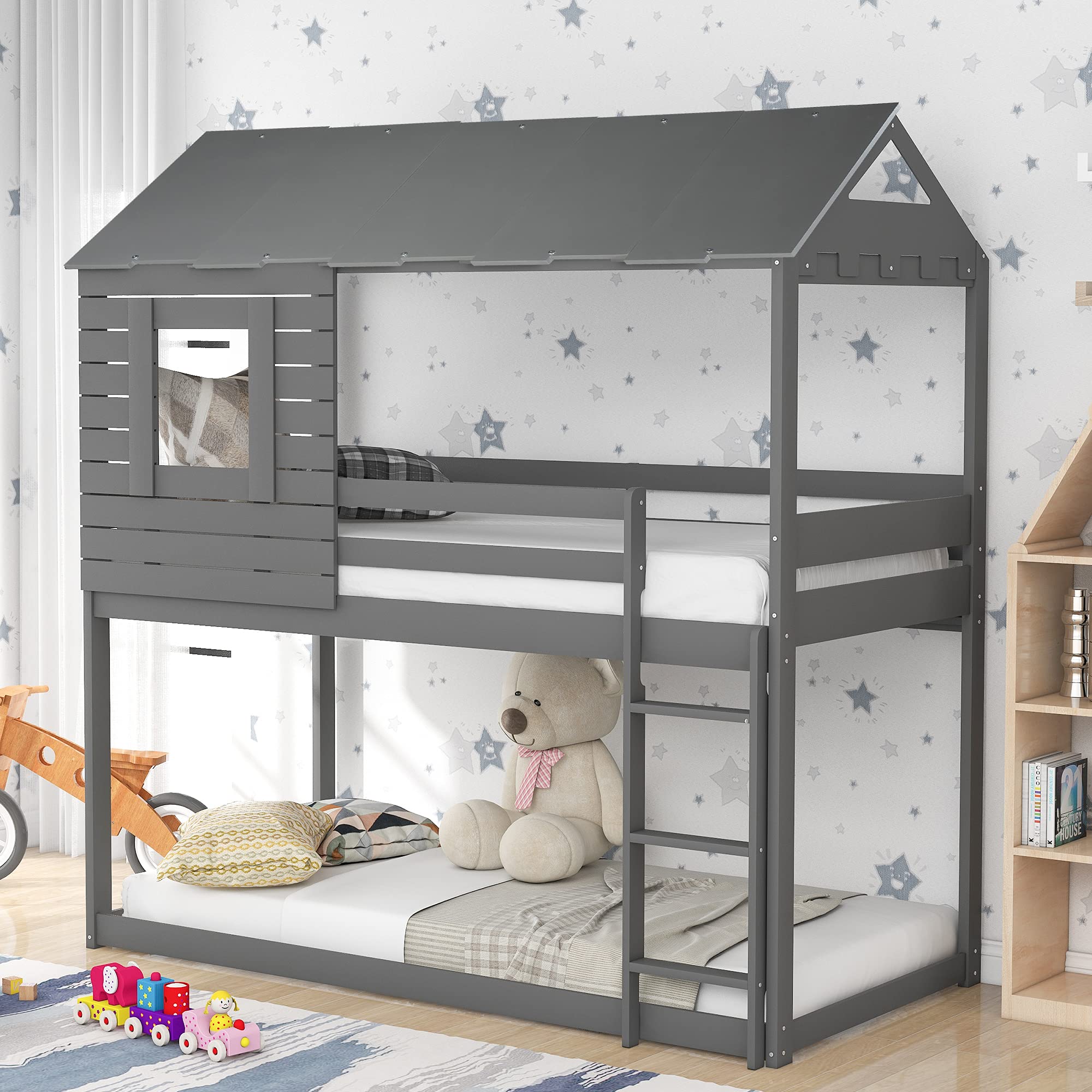 Twin Over Twin Bunk Bed with Storage Drawers & Slide - House-Shaped Wooden Bunk Bed Frame for Kids, Teens, Boys & Girls | Perfect for Small Bedrooms, Shared Kids' Rooms & Space-Saving Sleep Solutions
