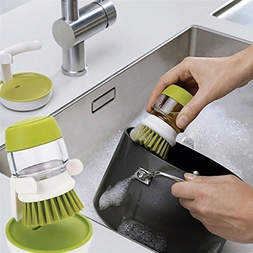 QONETIC Kitchen Sink Cleaning Brush with Built-in Soap Dispenser - Dish Scrubber with Storage Stand Holder, Palm Scrub Brush for Washing Dishes - Perfect for Kitchen, Bathroom, and Outdoor Cleaning (SDWB.01)