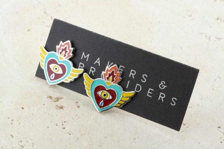 Yellow, Green, Red Enamel Flying Heart Stud Earrings - Sterling Silver Jewelry for Women - Perfect for Valentine's Day Gifts & Everyday Wear