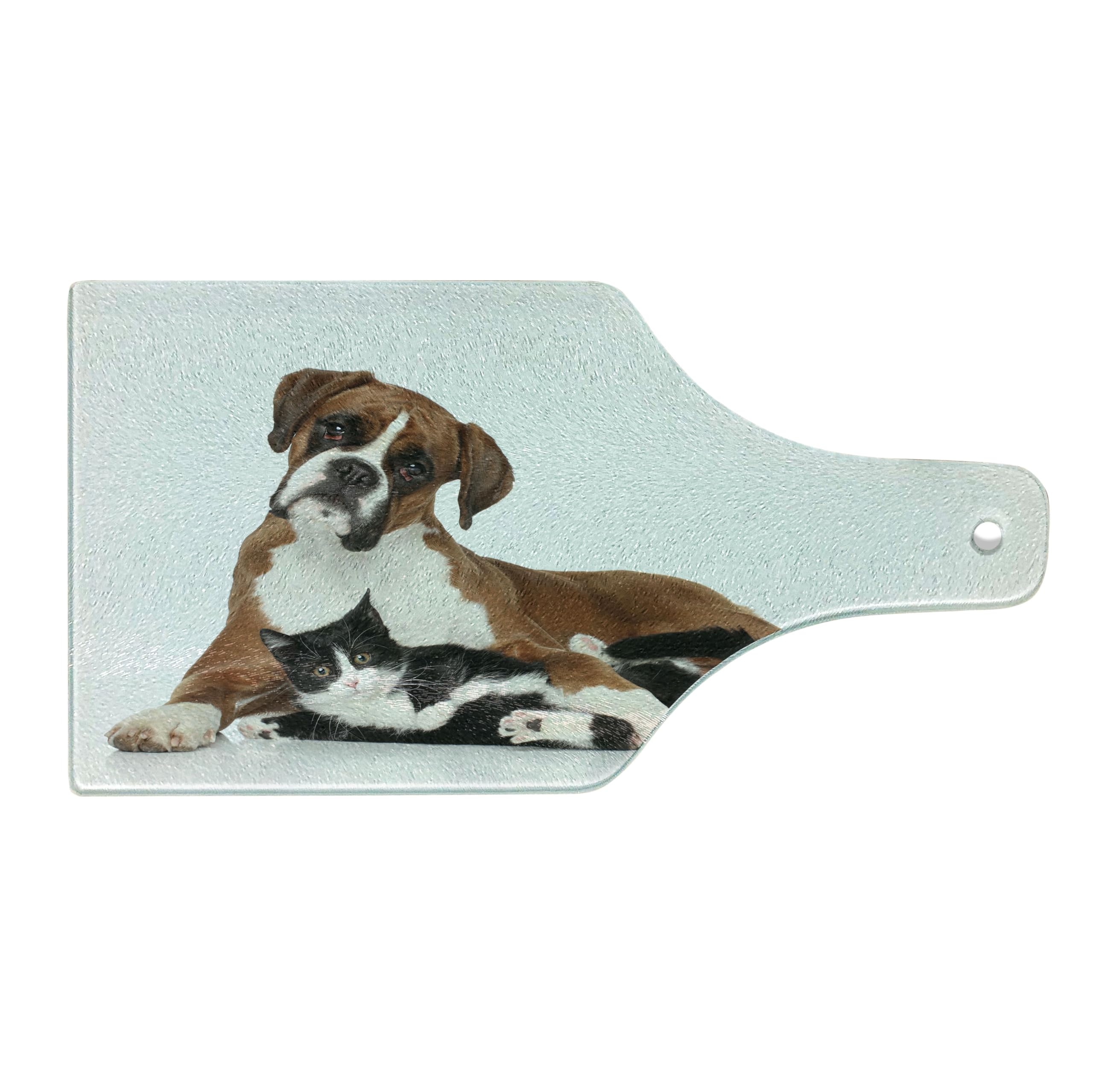 Ambesonne Animal Themed Tempered Glass Cutting Board - Cat and Dog Design, Wine Bottle Shape, Brown Black White - Perfect for Kitchen Use, Serving Charcuterie, Cheese, and Wine Pairing