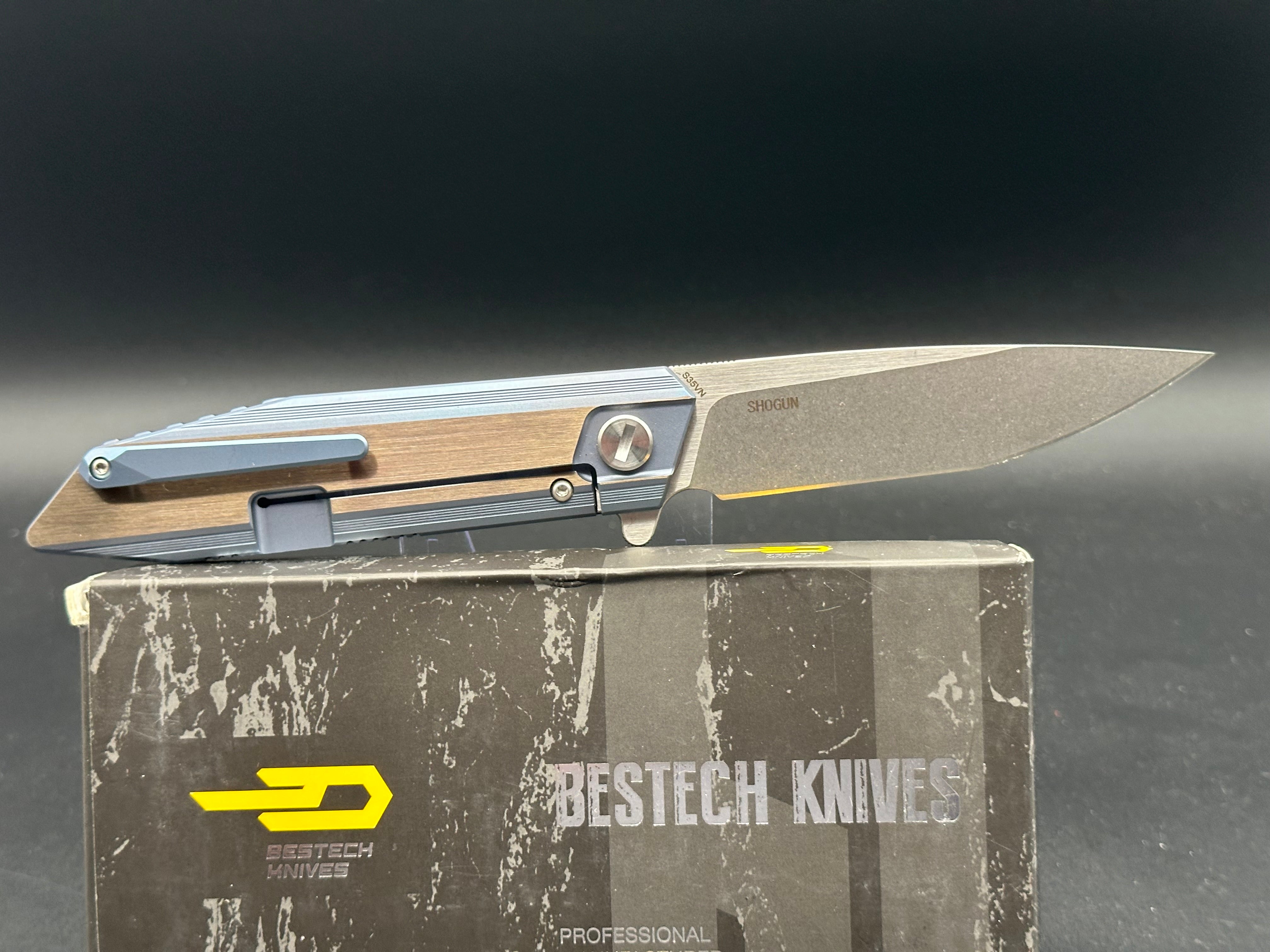 Bestech Shogun BT1701D Folding Knife - S35VN Stonewash Blade, Blue/Bronze Titanium Handle - EDC, Outdoor, Camping, Survival Gear
