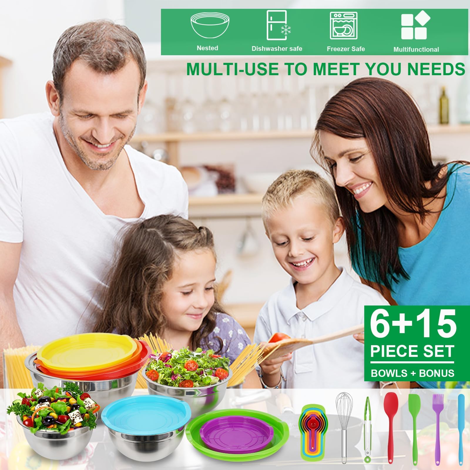 Premium Stainless Steel Mixing Bowls Set with Airtight Lids (5.5QT,4.2QT,3.5QT,2.5QT,1.5QT,1QT) - 21-Piece Nesting Kitchen Bowls for Baking, Cooking & Food Prep - Includes 3 Grater Attachments & Colorful Lids - Perfect for Meal Prep, Mixing Ingredients & Storing Leftovers