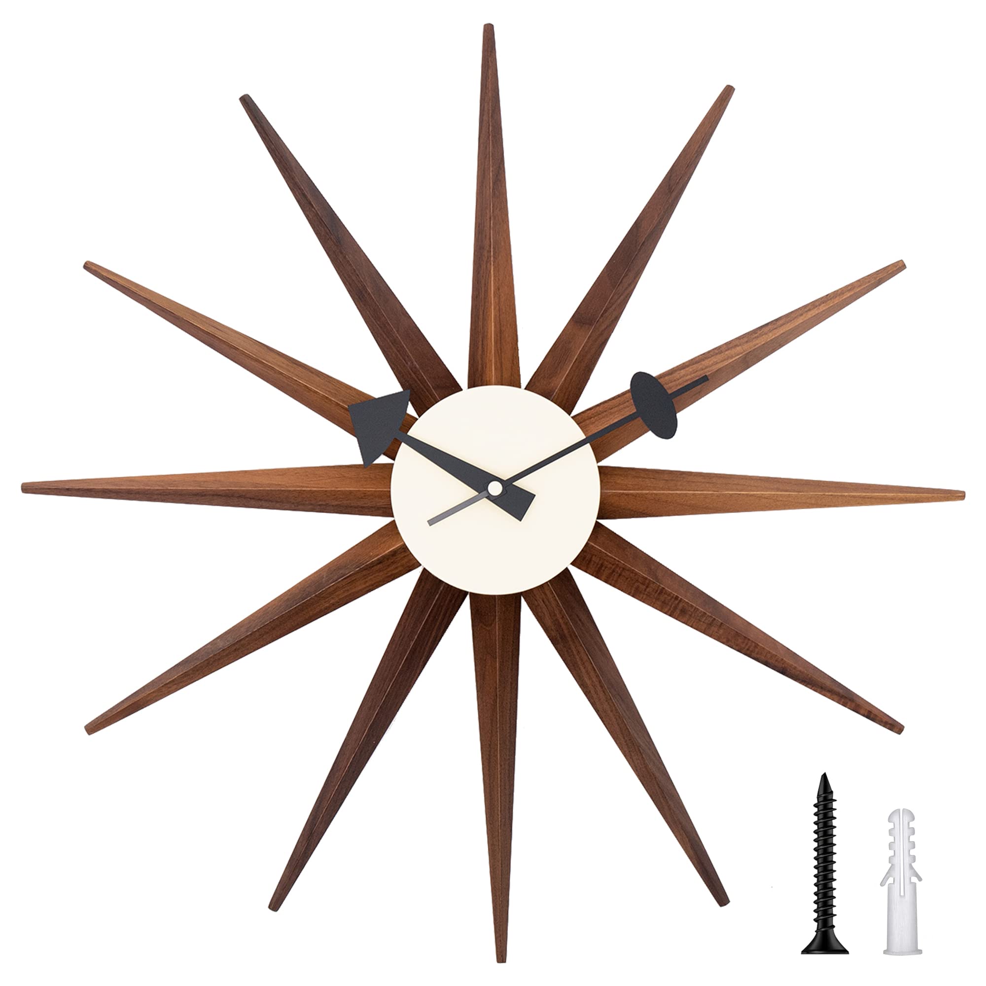 Vintage Mid Century Modern Wall Clock - Wooden Starburst Sunburst Clock Replica Inspired by George Nelson - Walnut Finish 19 Inch - Perfect for Home Office, Living Room & Mid Century Decor