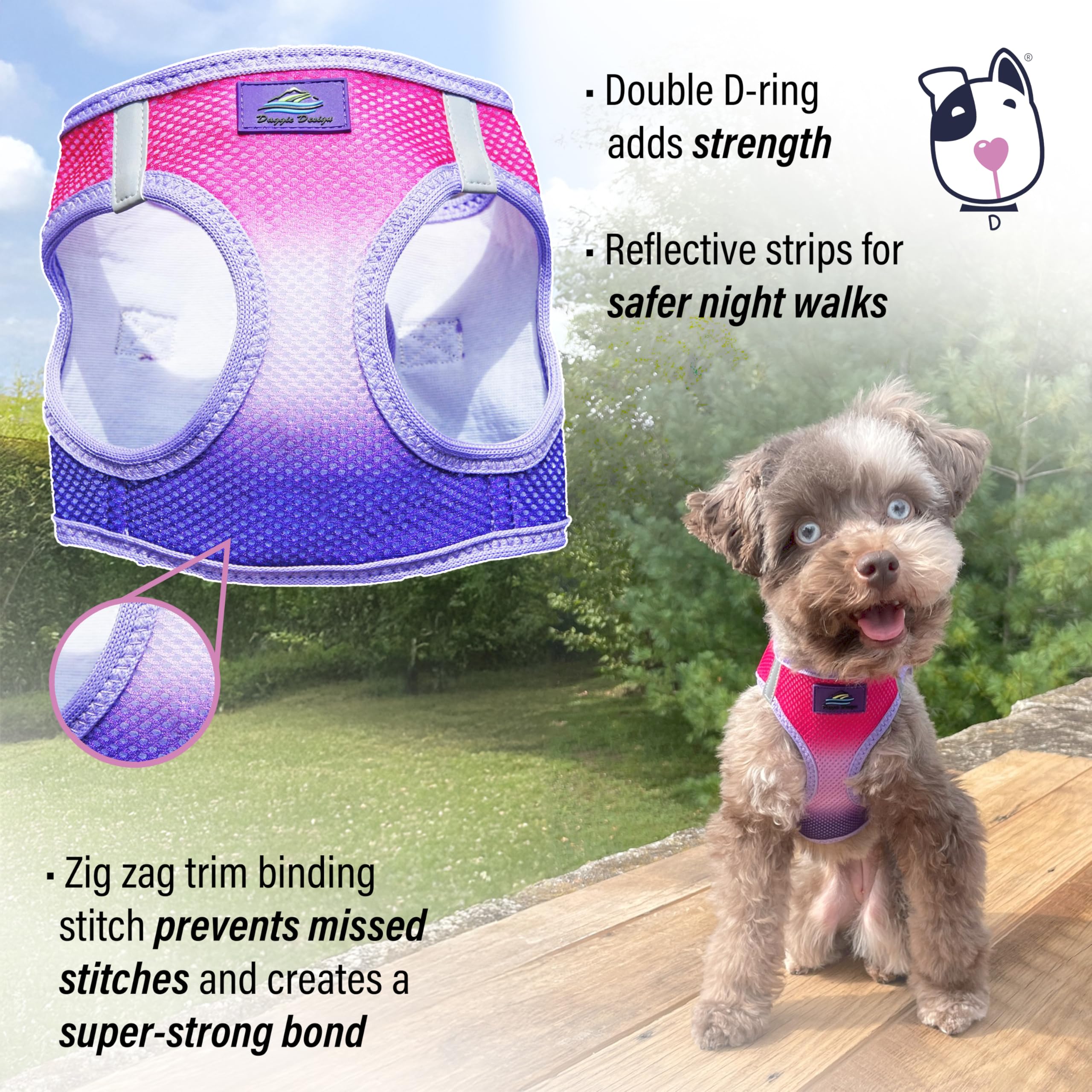 Doggie Design No-Choke Dog Harness - Breathable Mesh Polyester Pet Vest with Easy Step-in Design for Small to Medium Dogs - Raspberry Sundae Color - Perfect for Walking, Hiking & Outdoor Adventures