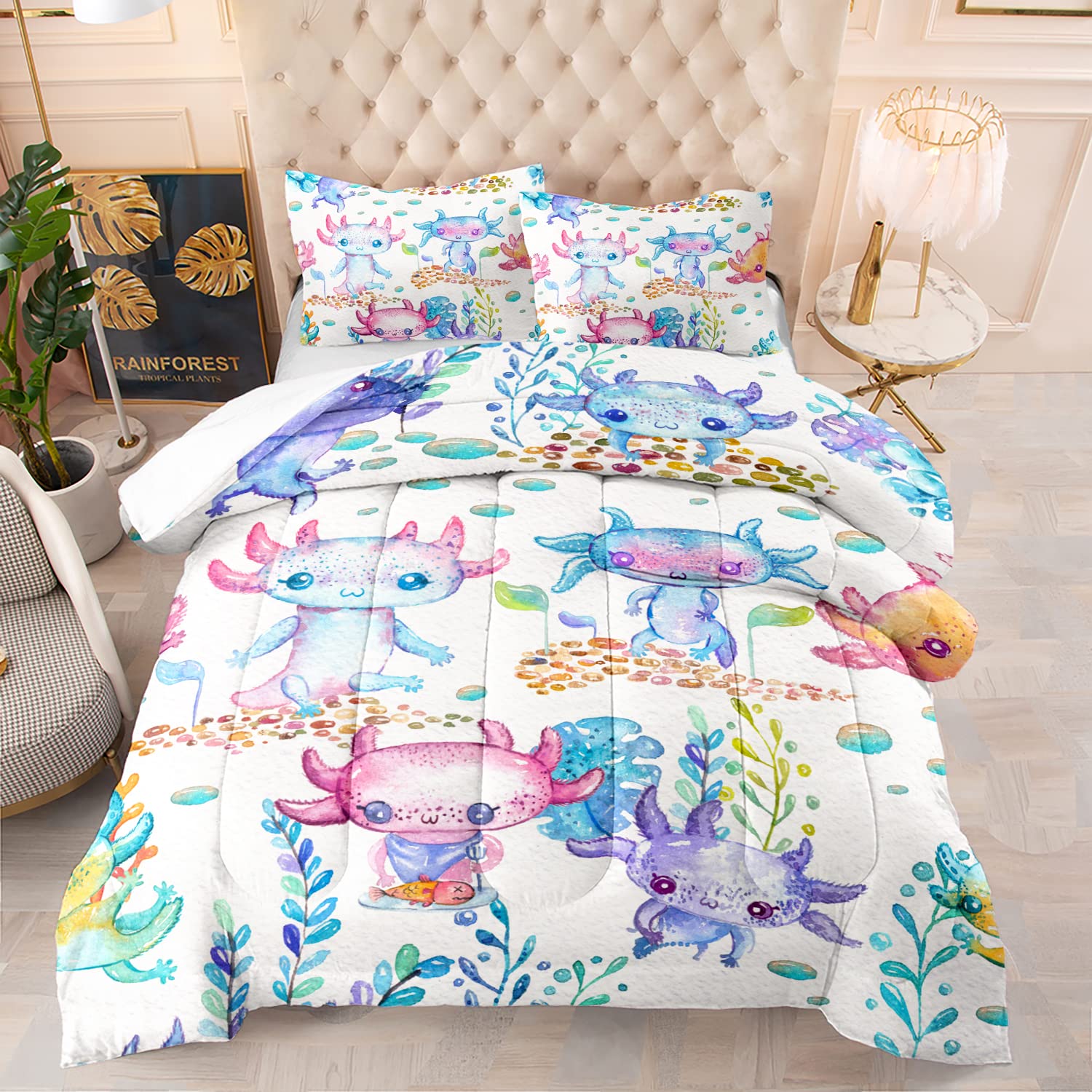 CVHOUSE Full Size Axolotl Comforter Set - 3 Piece Kids Bedding with Duvet Cover & Quilt - Soft Cute Salamander Themed Bedroom Decor for Boys Girls Teens - Perfect for Bedrooms, Dorms, and Sleepovers