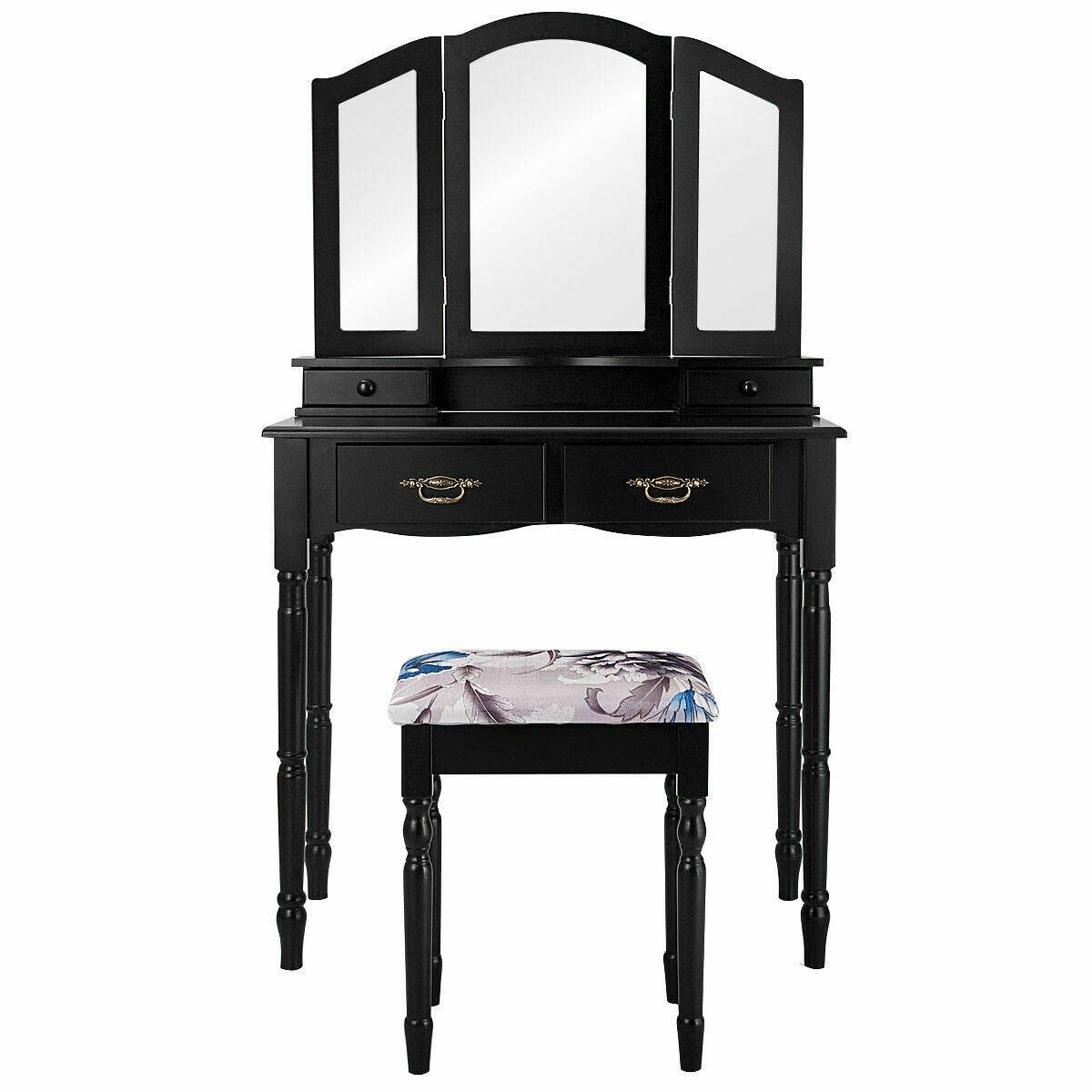 Black Tri-Folding Mirror Vanity Makeup Table with Stool & 4 Drawers - Portable Dressing Desk for Bedroom, Makeup Vanity Set with Side Tables - Perfect for Small Spaces, Travel & Home Beauty Routine