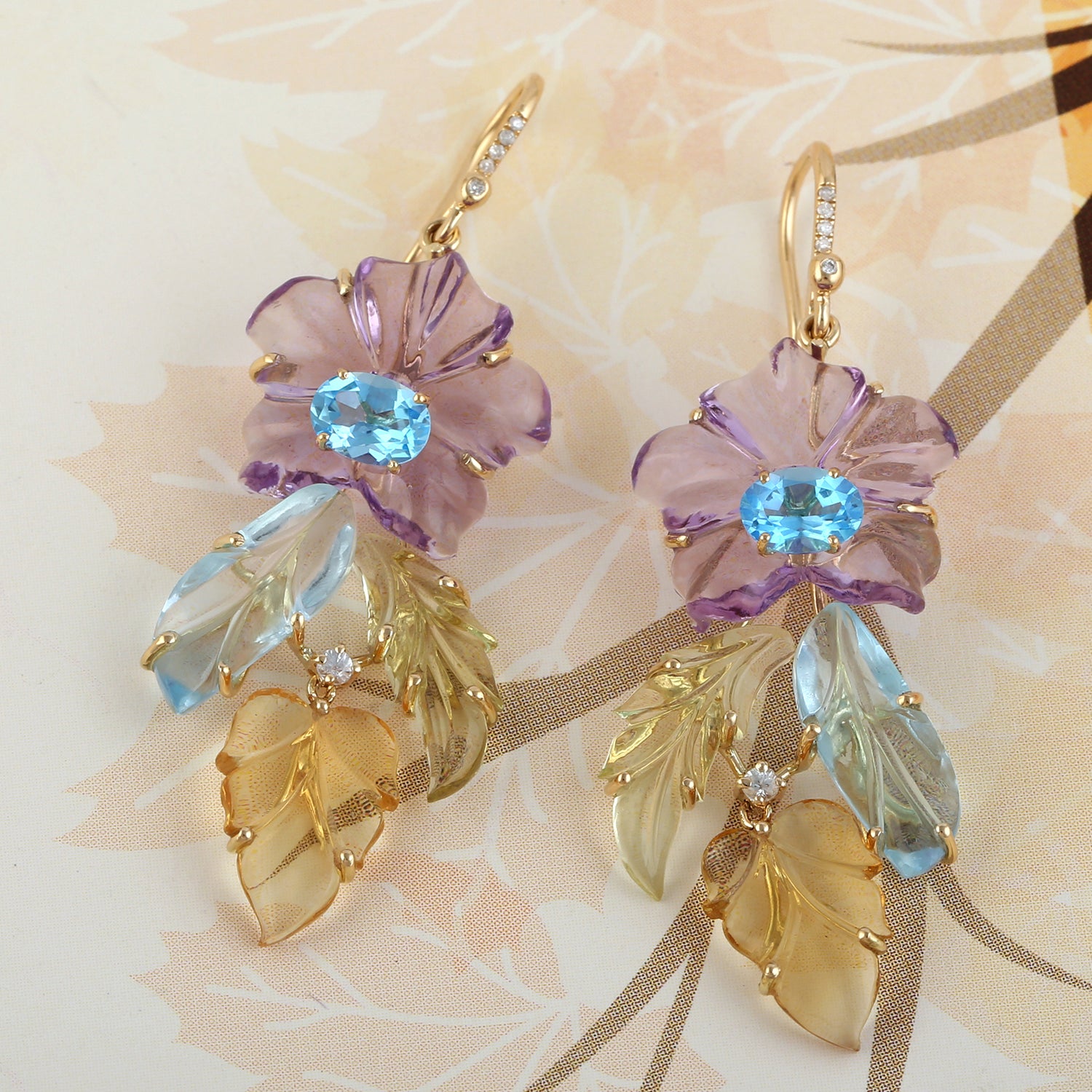 Exquisite Hand-Carved Mixed Stone Earrings with Topaz, Sapphire & Diamond Floral Design - 14K Gold Hook Earrings for Women | Perfect for Weddings, Parties & Special Occasions
