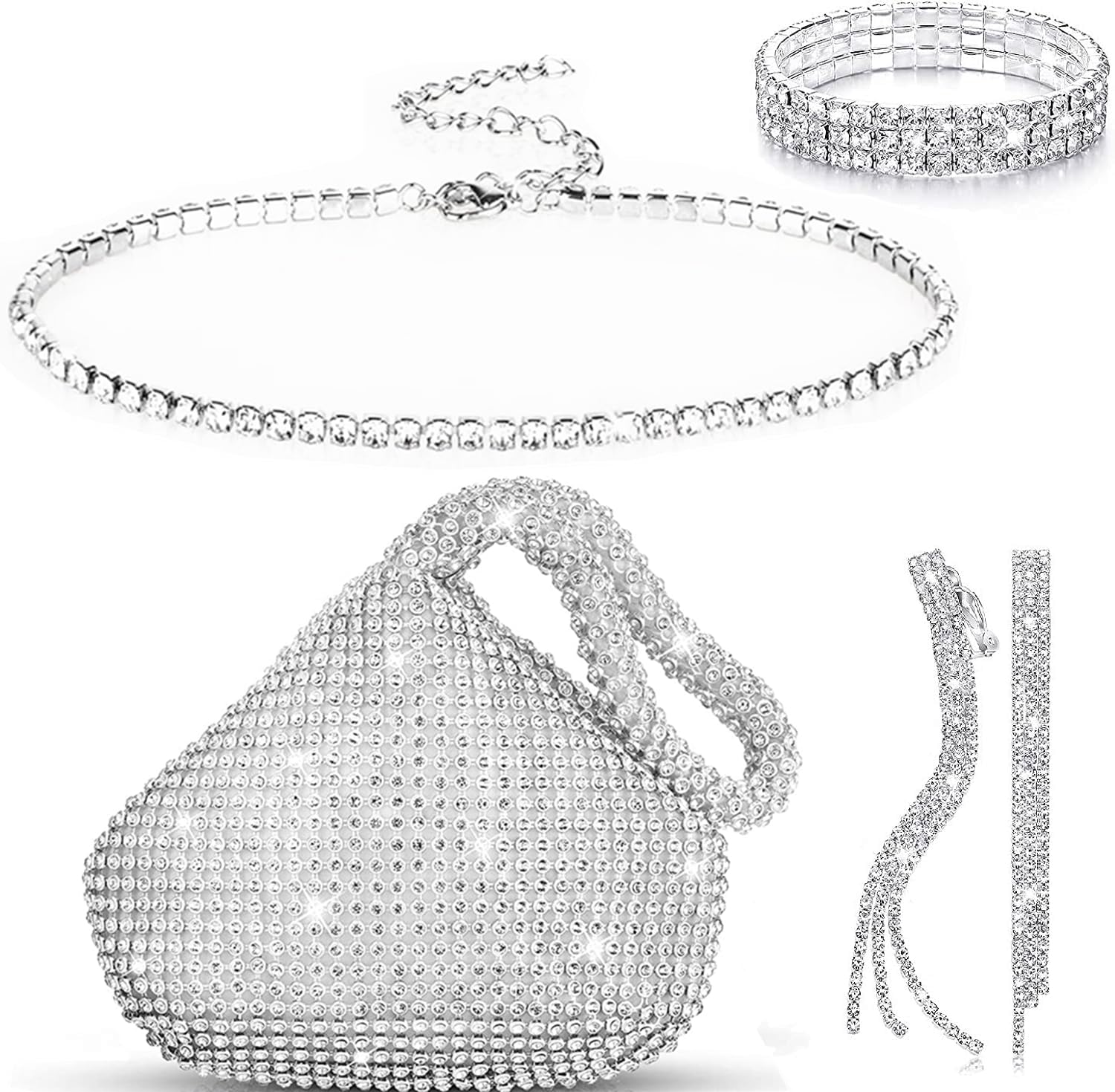 4-Piece Rhinestone Jewelry Set with Necklace & Earrings - Crystal Bridal Jewelry for Wedding, Prom, Party - Elegant Evening Clutch Purse Accessories for Special Occasions