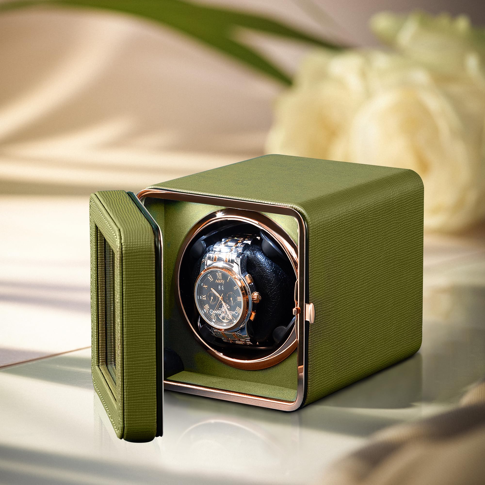 Premium Automatic Watch Winder for Men & Women - 4 Rotation Modes, Ultra Quiet Motor, Adjustable Elastic Pillow - Perfect for Rolex, Omega & Luxury Watch Storage (Home/Office/Travel Use)