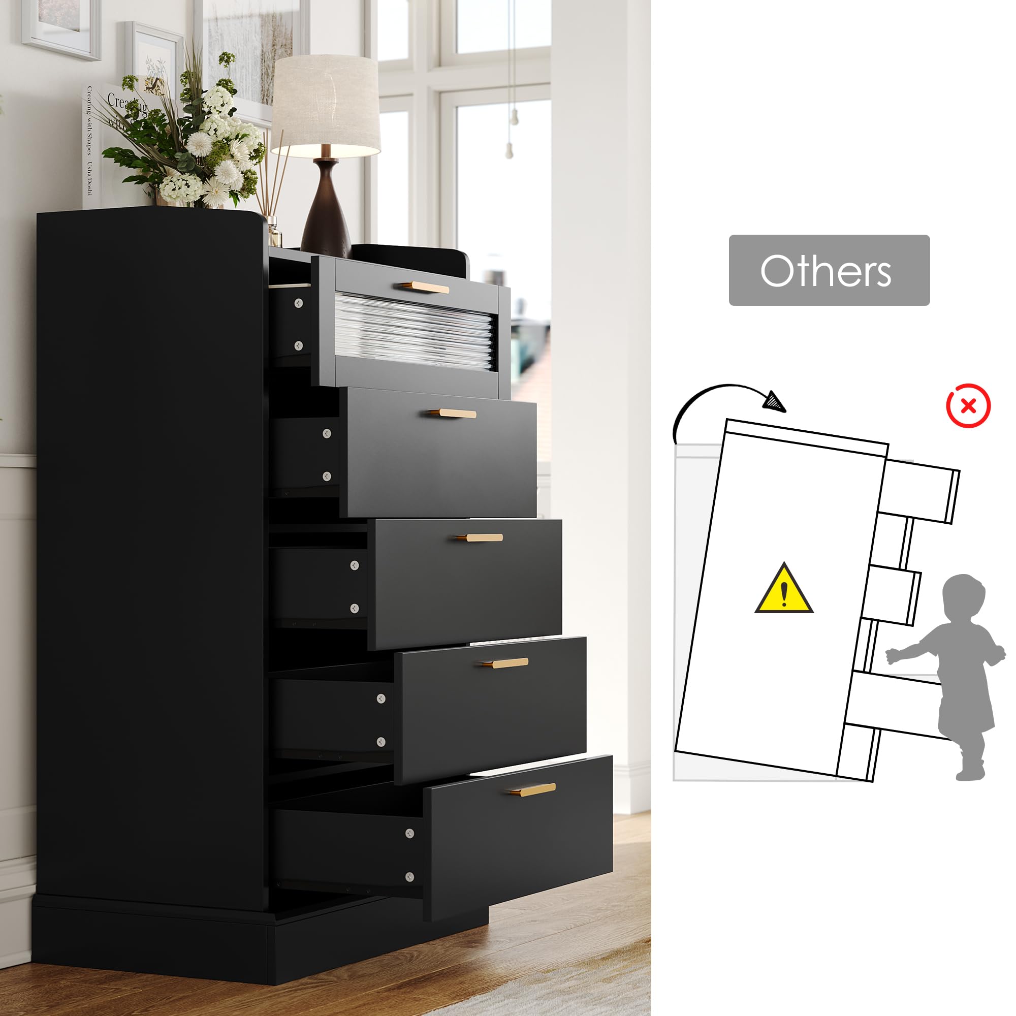 Modern 5-Drawer Dresser with Gold Handles - Wooden Storage Cabinet with Anti-Drop Fence & Fluted Glass - Black Chest of Drawers for Bedroom, Living Room, Hallway & Entryway - Perfect for Home Organization & Stylish Storage Solutions