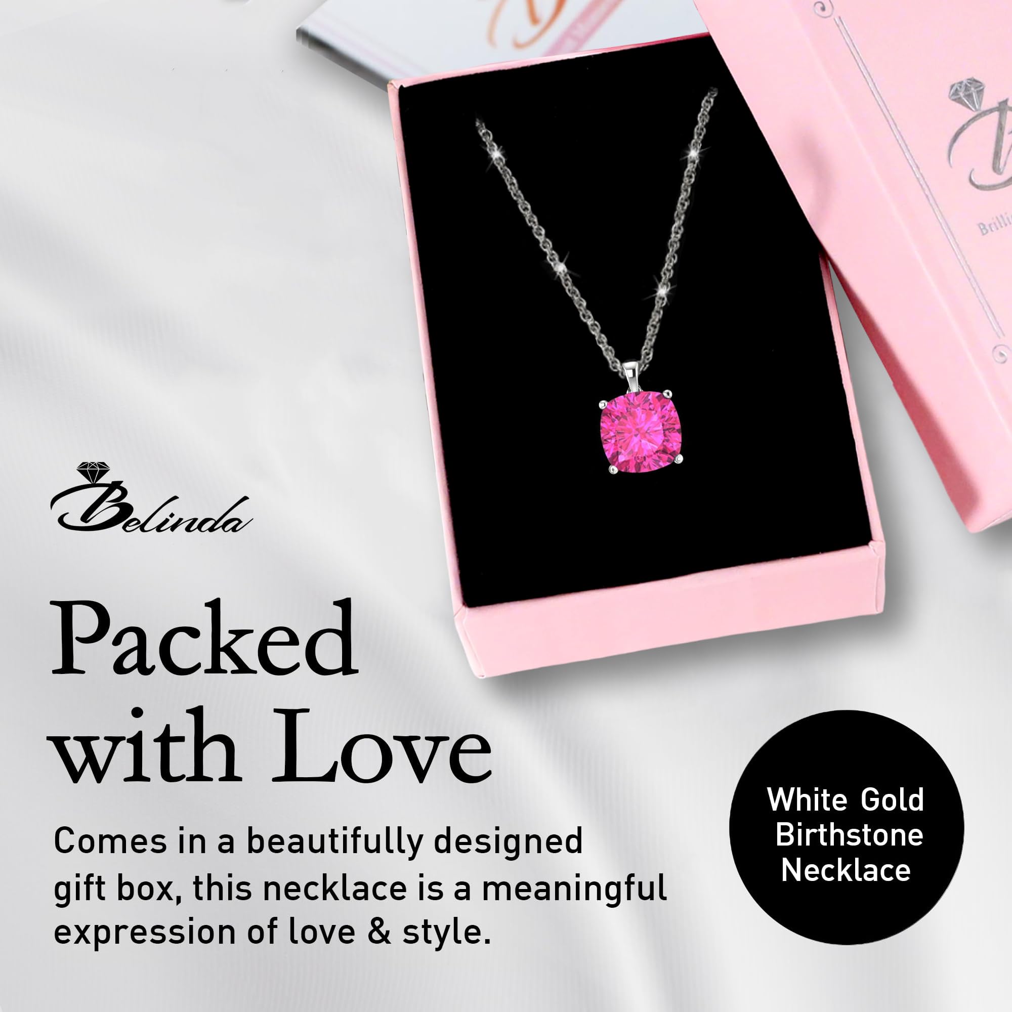 14K White & Yellow Gold Birthstone Pendant Necklace for Women - Sparkling Cushion Cut Gemstone with Sterling Silver Chain - Elegant Fine Jewelry Gift for Birthday, Anniversary & Special Occasions