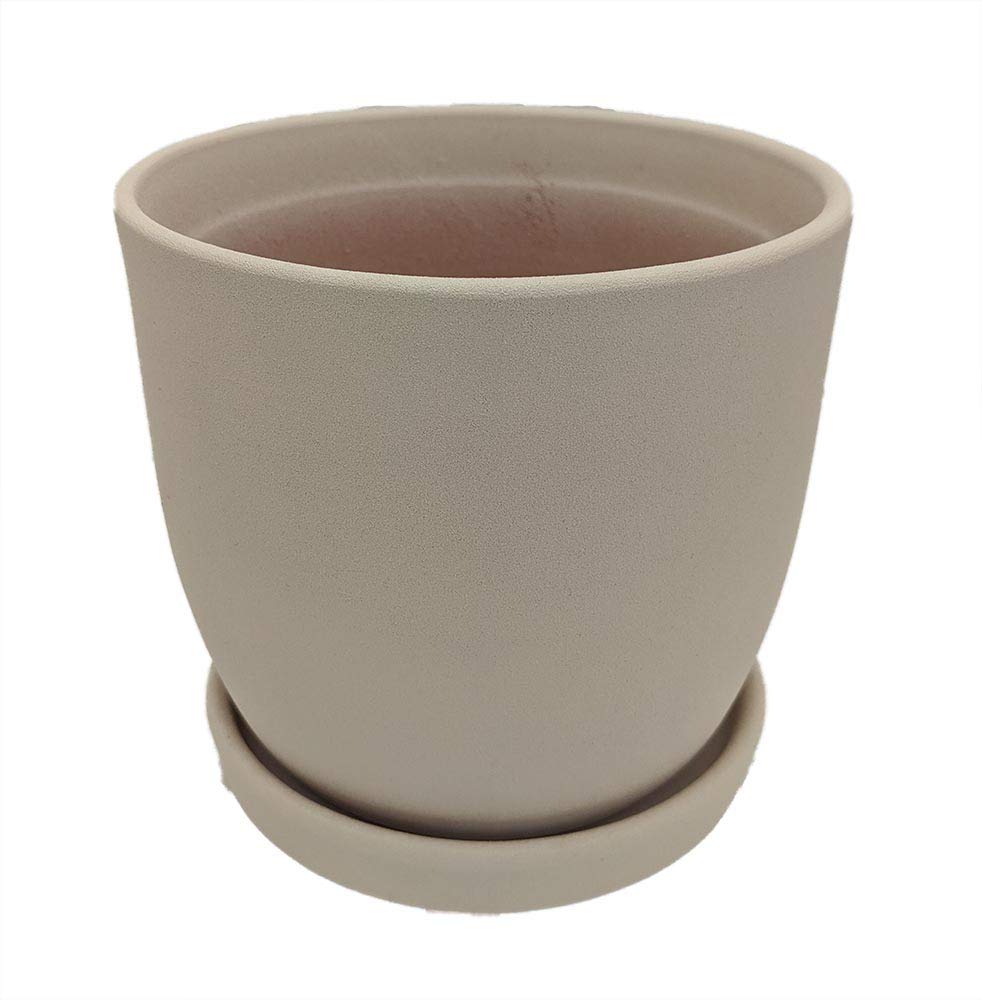 Hirt's Gardens Chatham Egg Pot with Saucer - Sandy Matte White Ceramic Planter - 5.5