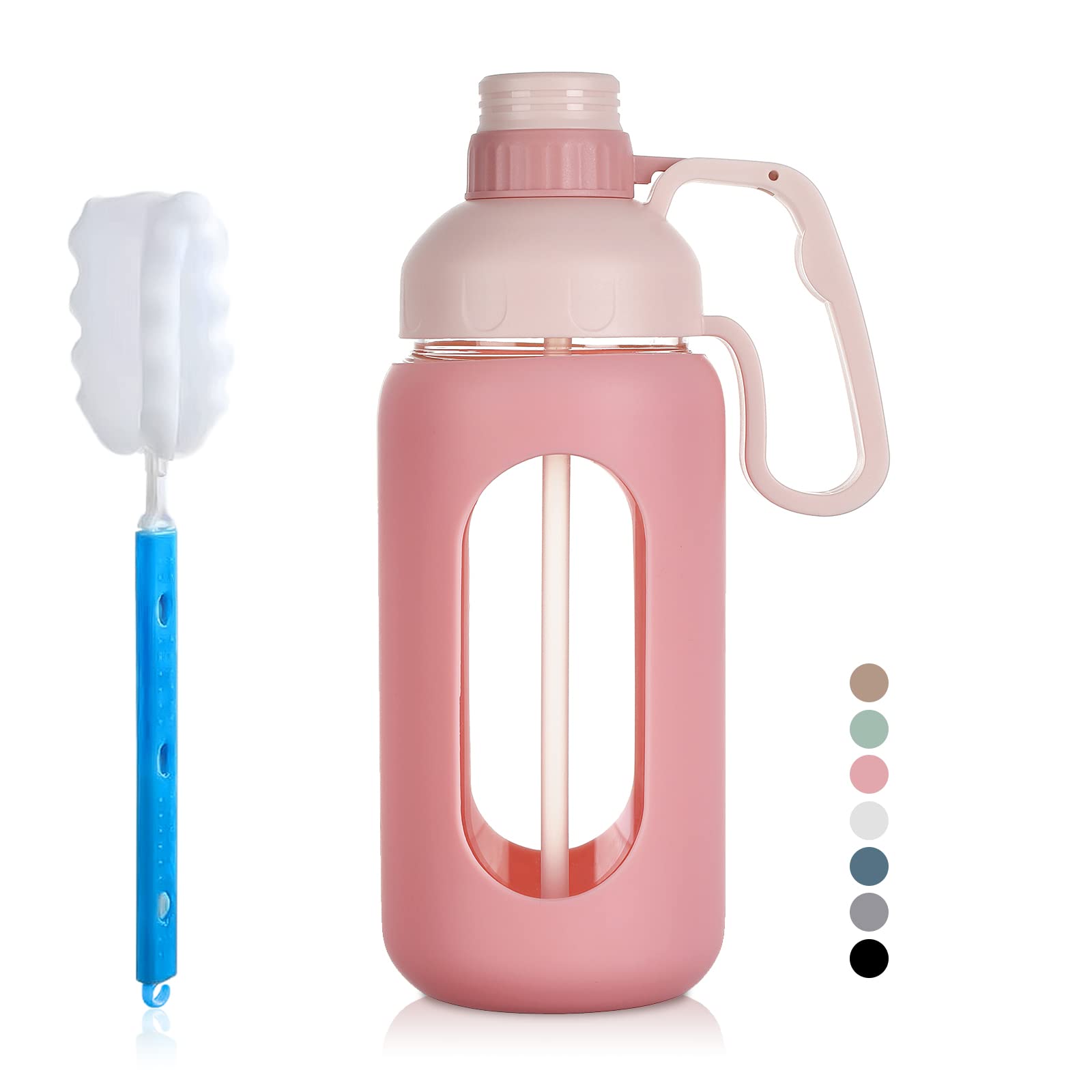 MUKOKO 42oz Glass Water Bottle with Straw & Handle - Leakproof BPA Free for Gym, Work, Outdoor - Pink