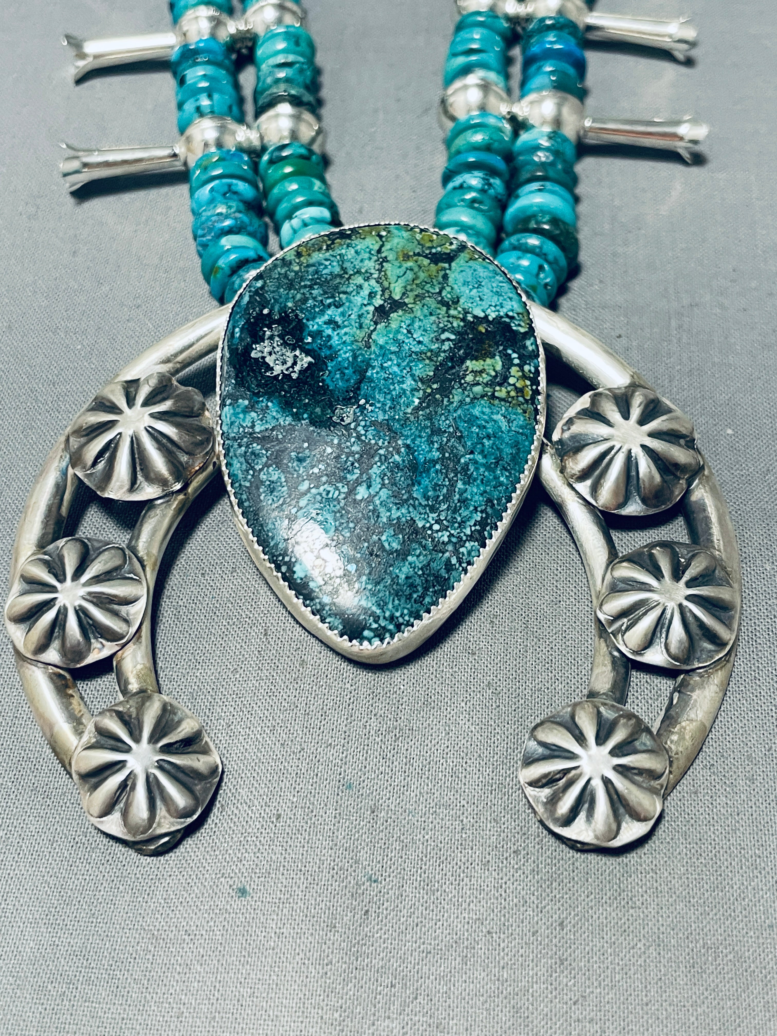 Authentic Navajo Sterling Silver Squash Blossom Necklace with Pilot Mountain Turquoise (190+ Grams) - Handcrafted Native American Jewelry for Women, Perfect for Weddings, Festivals & Special Occasions