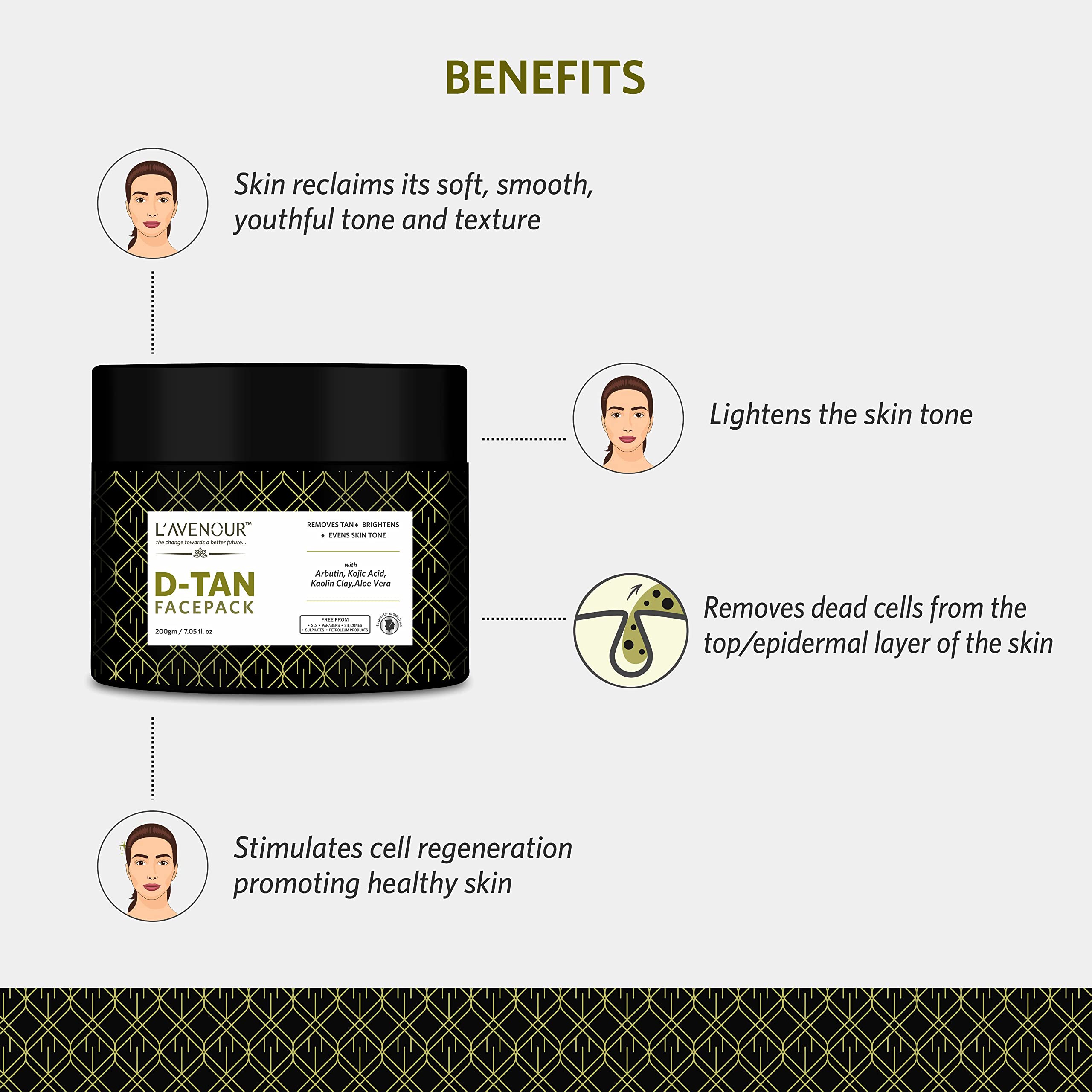 L'avenour D-Tan Face Pack with Aloe Vera, Kaolin Clay & Arbutin - Skin Brightening, Tan Removal & Tone Evening Treatment for All Skin Types (200g) | Perfect for Post-Sun Care, Daily Glow & Radiant Complexion