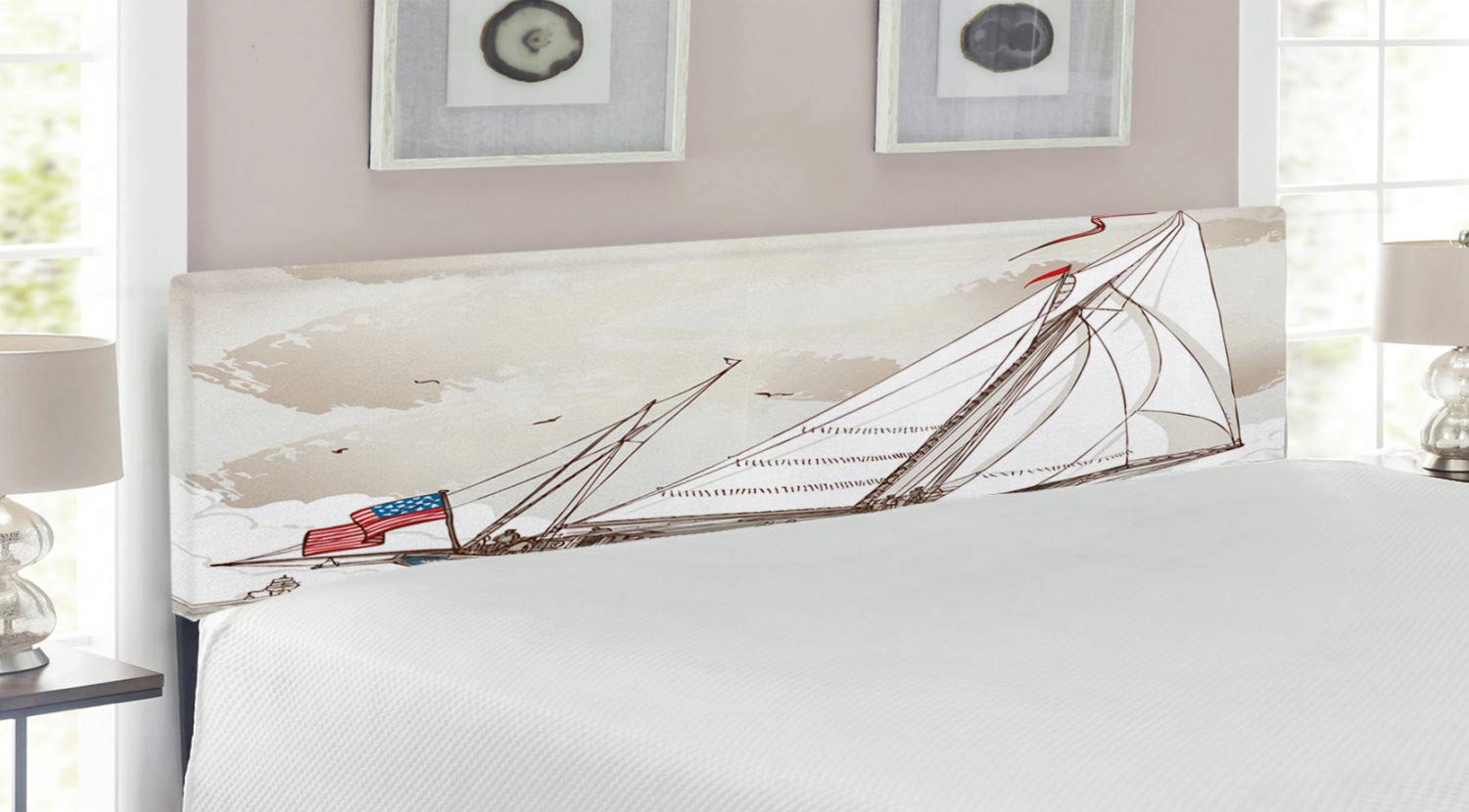 Vintage Upholstered Metal Headboard with Memory Foam - Retro American Yacht Illustration in Pale Grey, Tan & White - King Size Bed Frame for Coastal & Nautical Bedroom Decor | Perfect for Master Bedrooms, Guest Rooms & Beach House Retreats
