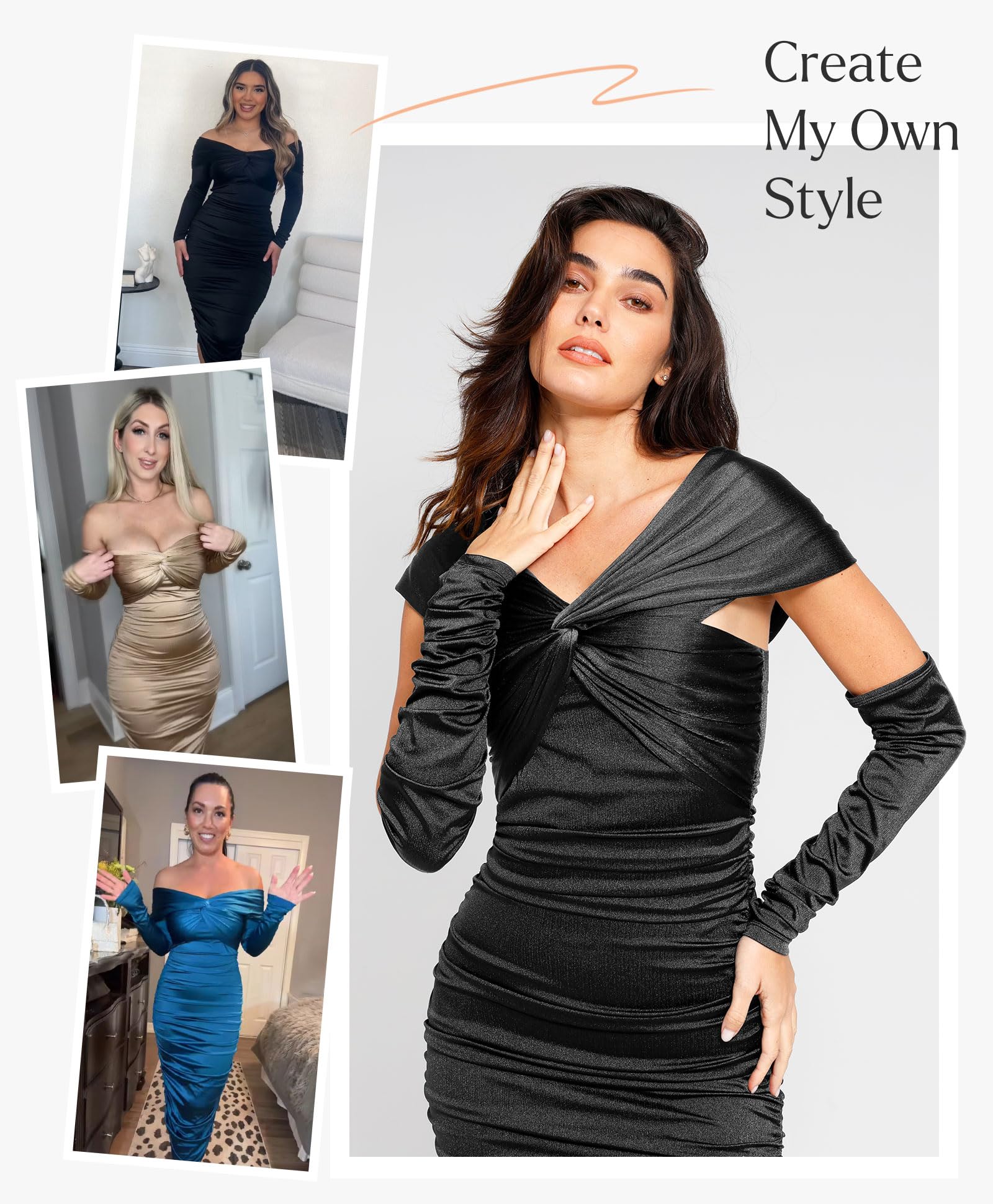 Popilush Shapewear Dress with Sleeves - Multi-Way Wear Off Shoulder Ruched Bodycon Cocktail Dress for Women | Slimming Party, Wedding & Evening Occasions