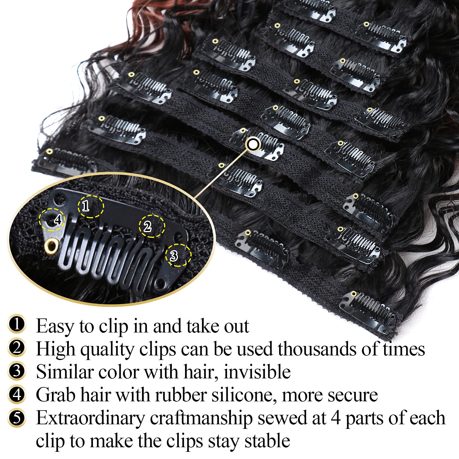 24 Inch Deep Wave Clip-In Hair Extensions - Human Hair Feel, Double Weft, Thick Ombre Synthetic Hairpiece for Women - Natural Looking (T1B/33) | Perfect for Parties, Weddings & Everyday Styling