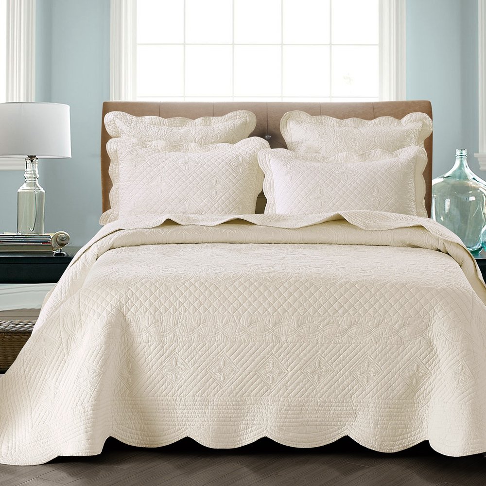 Luxury Calla Angel Sage Garden Pure Cotton Matelasse Quilt Queen Size, Ivory White - Perfect for Bedroom Decor, Guest Room & Cozy Home Comfort