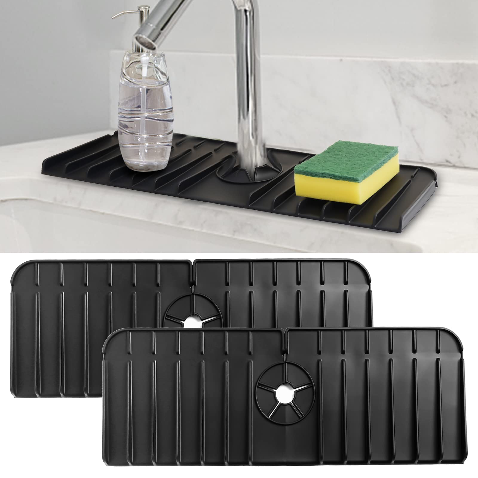 2 Pack Silicone Kitchen Sink Splash Guard - Faucet Drip Catcher Tray & Countertop Protector Mat for Kitchen & Bathroom | Prevents Water Spills, Protects Surfaces from Drips & Splashes (Black) - Perfect for Cooking, Dishwashing & Daily Kitchen Use