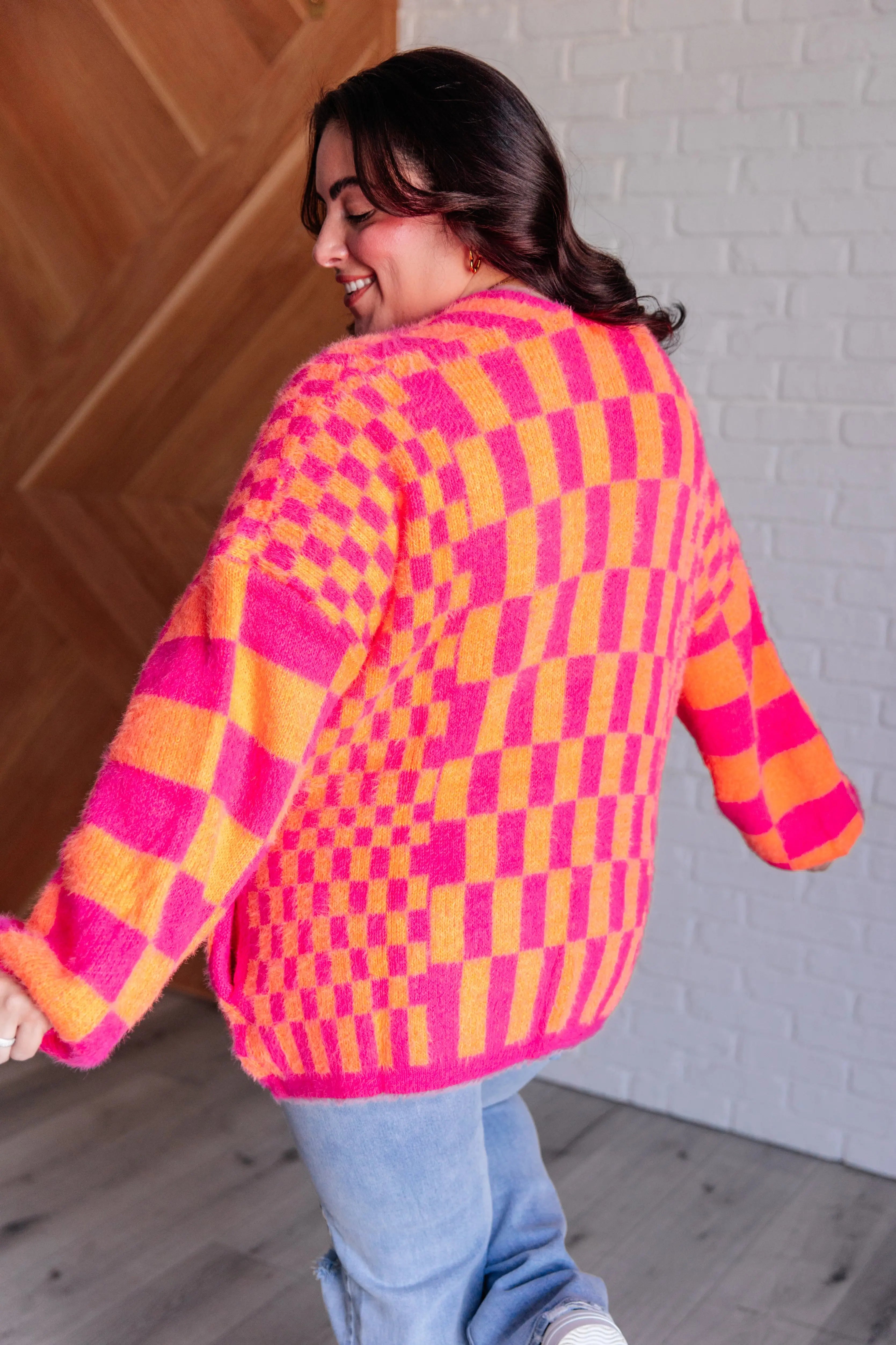 Trendy Pink and Orange Neon Checkered Cardigan for Women - Stylish Retro 90s Vintage Knit Sweater - Perfect for Casual Outfits, Streetwear Fashion, and Instagram Photos