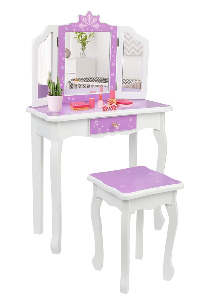 **Princess Vanity Set for Girls Ages 3-9 – Kids Makeup Dressing Table with Stool, Tri-Folding Mirror & Drawer – 2-in-1 Toddler Vanity (Purple) – Perfect for Pretend Play, Birthday Gifts & Bedroom Decor**