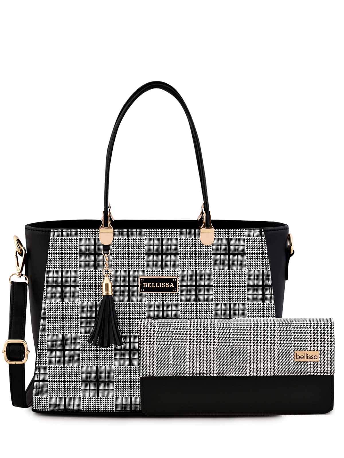 BELLISSA Women's Checkered Print PU Leather Handbag & Wallet Set - Adjustable Shoulder Bag with Detachable Strap & Matching Wallet (2-Piece Set) | Perfect for Work, Travel and Everyday Use