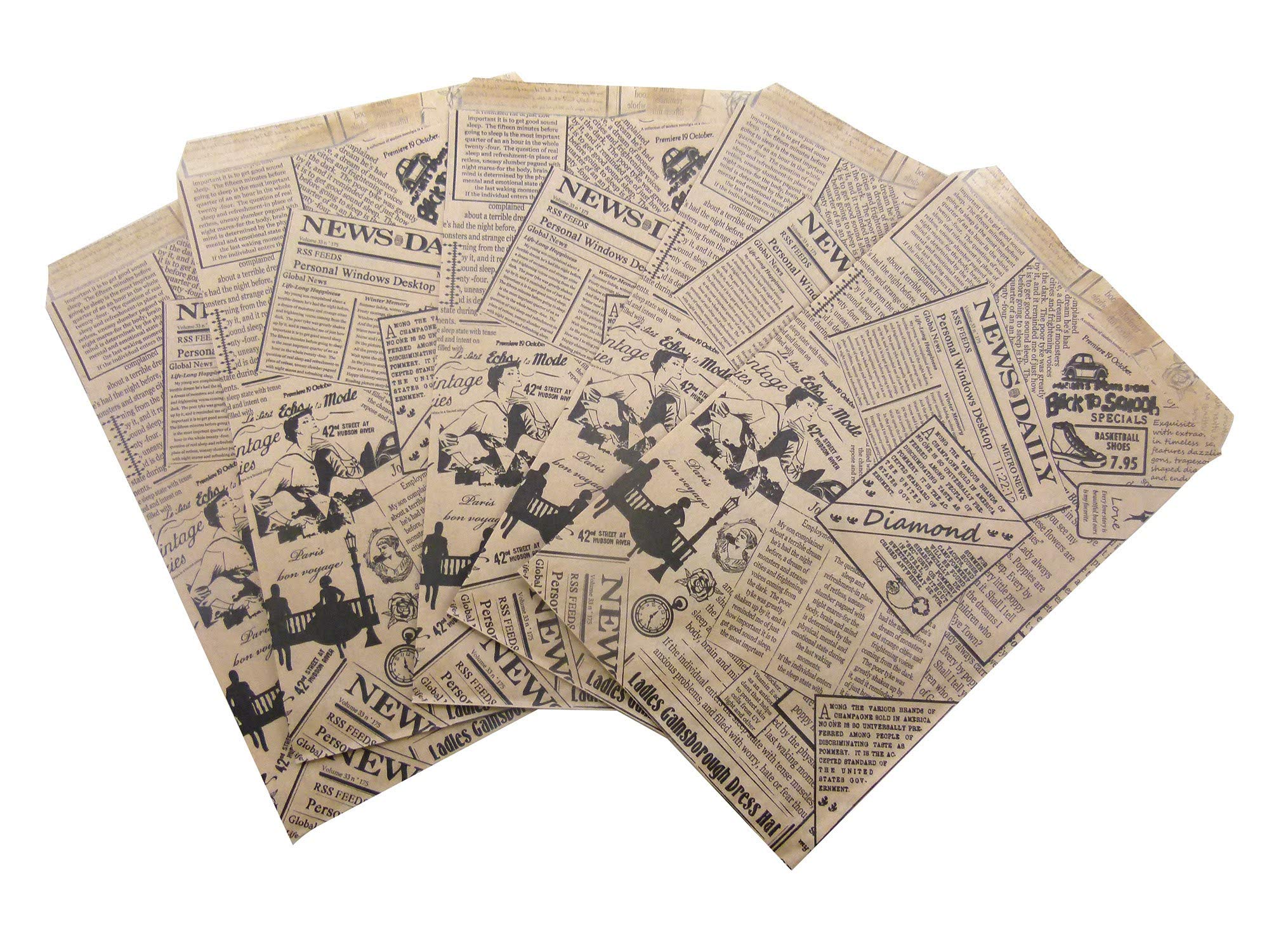 50 Pack 6x9 Inches Newspaper Print & Patterned Gift Bags - Eco-Friendly Party Favor Bags for Candy, Cookies, Merchandise, Pens | Perfect for Birthdays, Weddings, Baby Showers, Holidays & Corporate Events