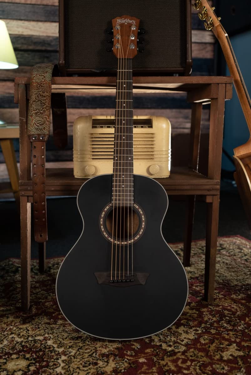 Washburn Apprentice Series 6 String Acoustic Guitar - Right Handed, Black Matte Finish (AGM5BMK-A) | Perfect for Beginners, Campfires & Home Practice