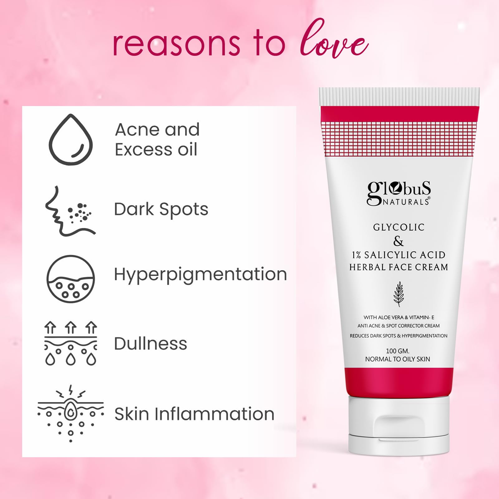 Globus Naturals Glycolic & 1% Salicylic Acid Anti-Acne Face Cream with Licorice & Oats - Reduces Dark Spots, Hyperpigmentation & Breakouts - 100g for Clear, Glowing Skin | Perfect for Daily Skincare Routine & Acne-Prone Skin