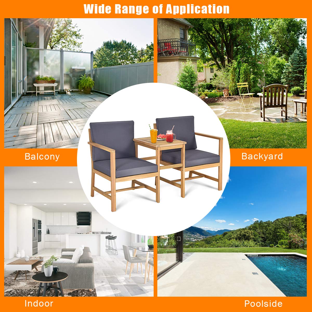 3-Piece Patio Conversation Set - Solid Acacia Wood Outdoor Furniture with 2 Chairs & Coffee Table - Weather-Resistant Balcony, Garden, Backyard Set for Indoor/Outdoor Use - Perfect for Relaxing, Entertaining & Small Space Decor (Natural Teak Finish)
