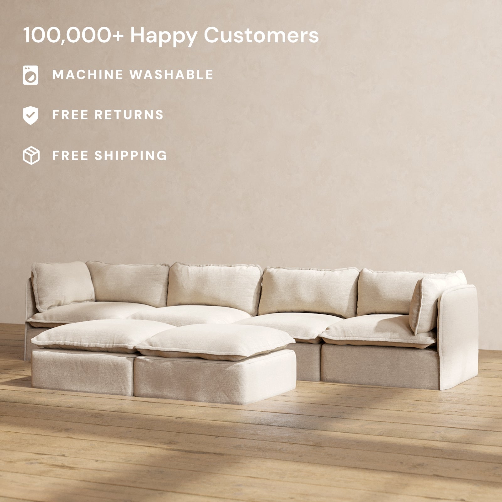 Modular Performance 4-Seater Sofa with Bench Ottoman in Oat - Modern Sectional Couch for Living Room, Family Room & Lounge Areas | Relaxed Blend Fabric | Space-Saving Design