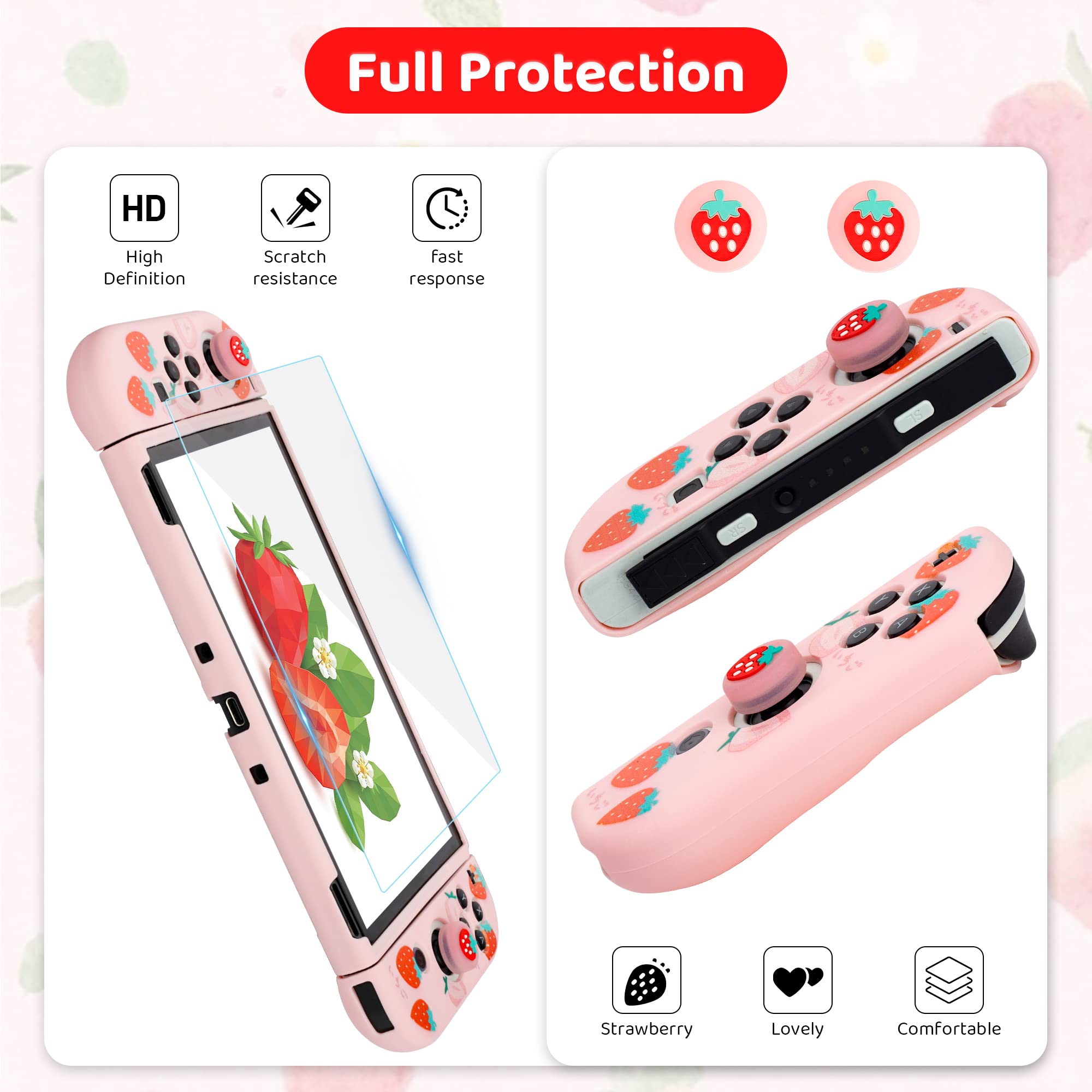 FUNDIARY Pink Strawberry Travel Carrying Case for Nintendo Switch OLED - Shockproof Storage Bag with Soft TPU Protective Case, Screen Protector, Shoulder Strap & 2 Thumb Caps | Portable Gaming Accessories Kit for Travel, Commuting & Outdoor Gaming