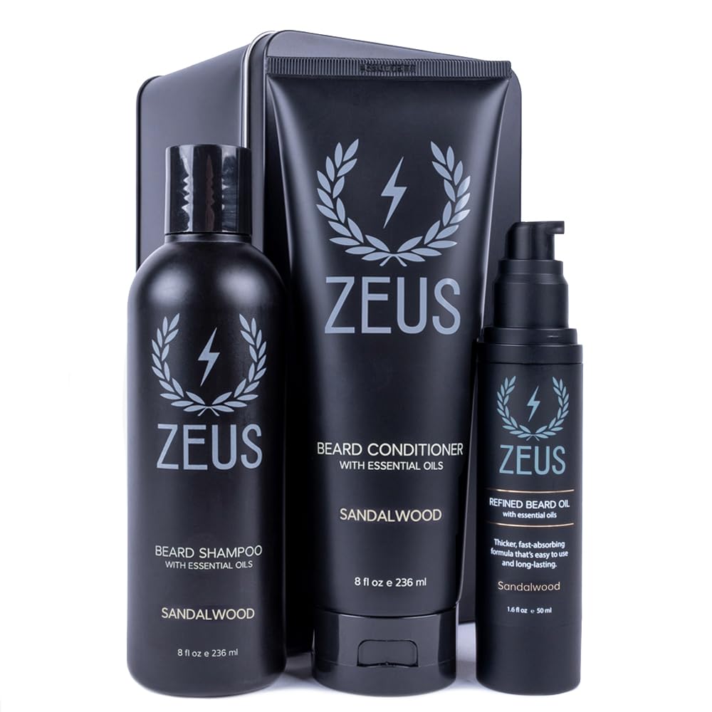 ZEUS Beard Growth Kit for Thick Beards - Natural Beard Shampoo, Conditioner & Premium Sandalwood Beard Oil (Made in USA) - Perfect for Daily Grooming & Styling