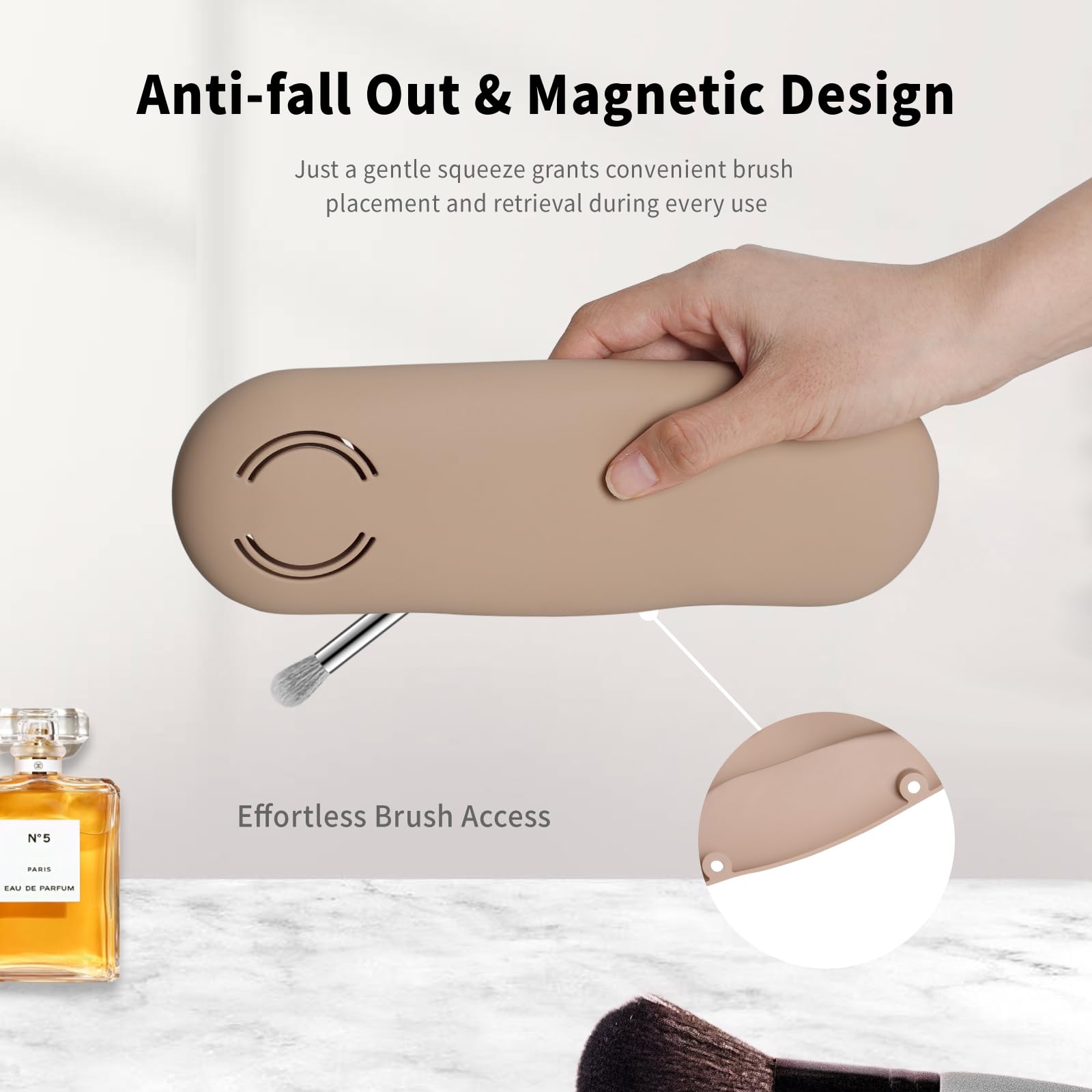 Soft Silicone Makeup Brush Holder with Double-Sided Vent - Travel-Friendly & Stylish Organizer for Women (Khaki) | Perfect for Home, Travel & Salon Use
