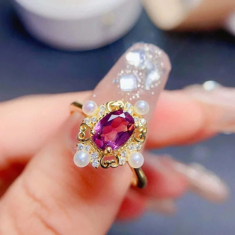 Baroque Rhodolite Pearl Ring for Women - Elegant Vintage Style Jewelry Gift for Her - Perfect for Weddings, Anniversaries & Special Occasions