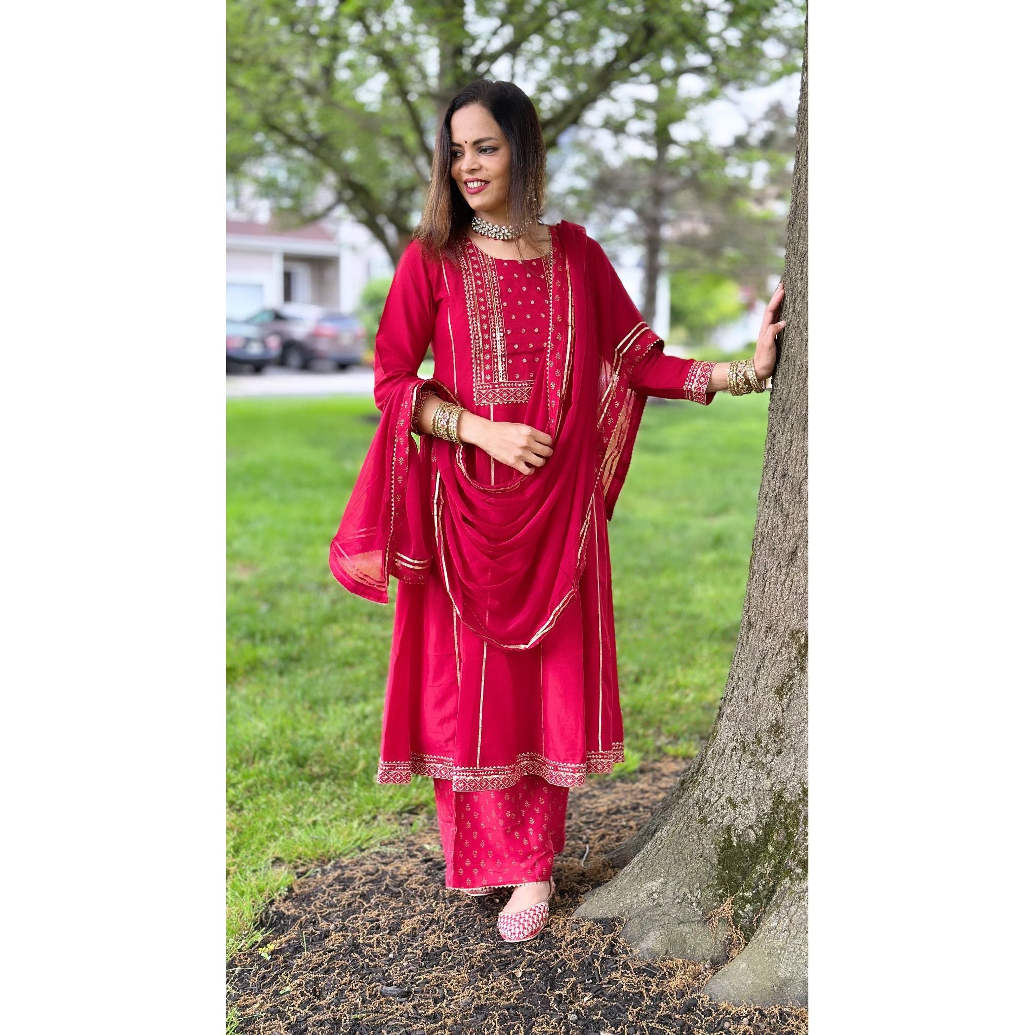 Elegant Red Silk Blend Anarkali Dress Set for Women | Festive & Party Wear | Perfect for Weddings, Diwali Celebrations & Special Occasions