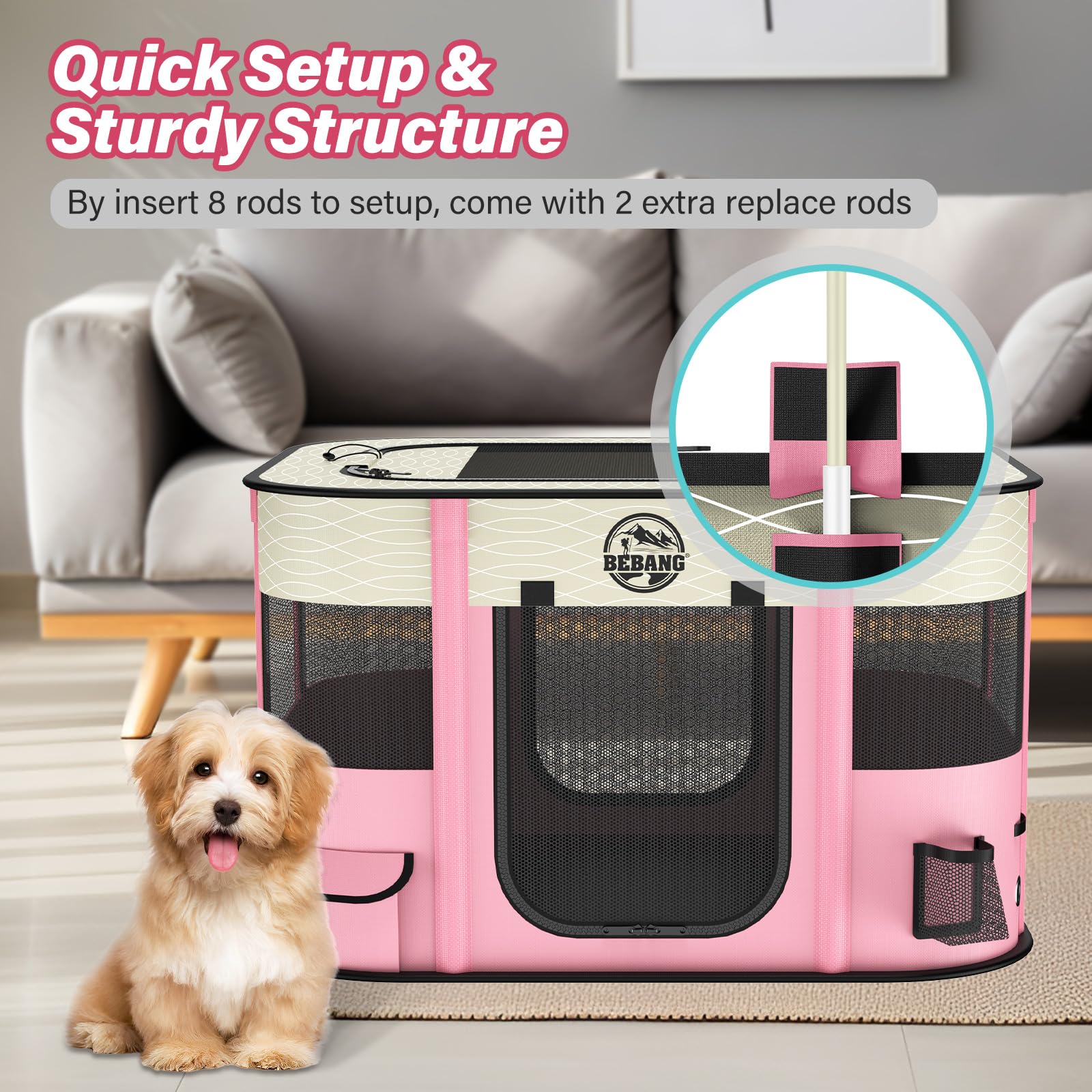 Foldable Dog Playpen - Portable Puppy Play Pen & Collapsible Pet Crate Cage for Small Animals Indoor/Outdoor Use | Includes Carrying Case & Food Bowl | Perfect for Puppies, Kittens, Rabbits, Guinea Pigs (Pink, Medium Size) - Great for Travel, Home, Backyard & Training
