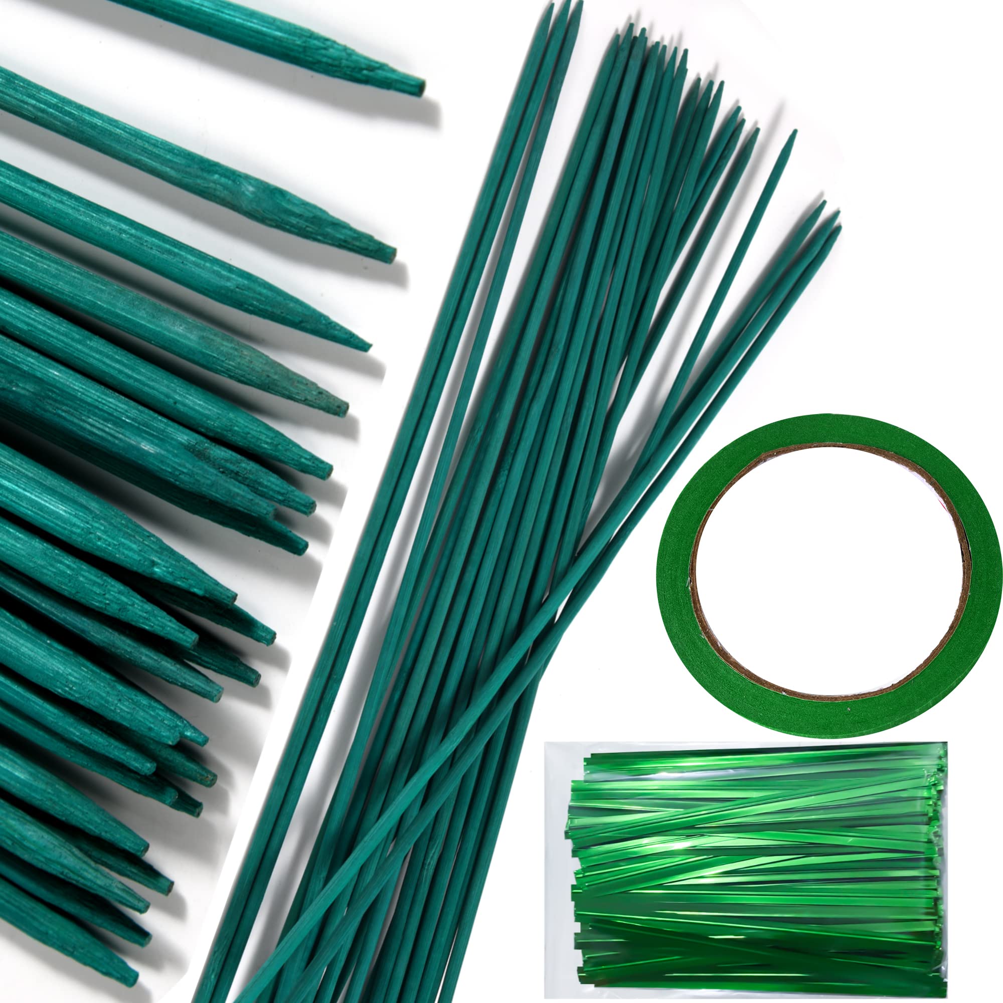 100 Pcs 18 Inch Green Bamboo Plant Sticks - Floral Plant Support Stakes with 1 Roll Floral Tape & 1 Pack Garden Ties - Perfect for Garden Flowers, Tomato Plants, Vines & Indoor Potted Plants
