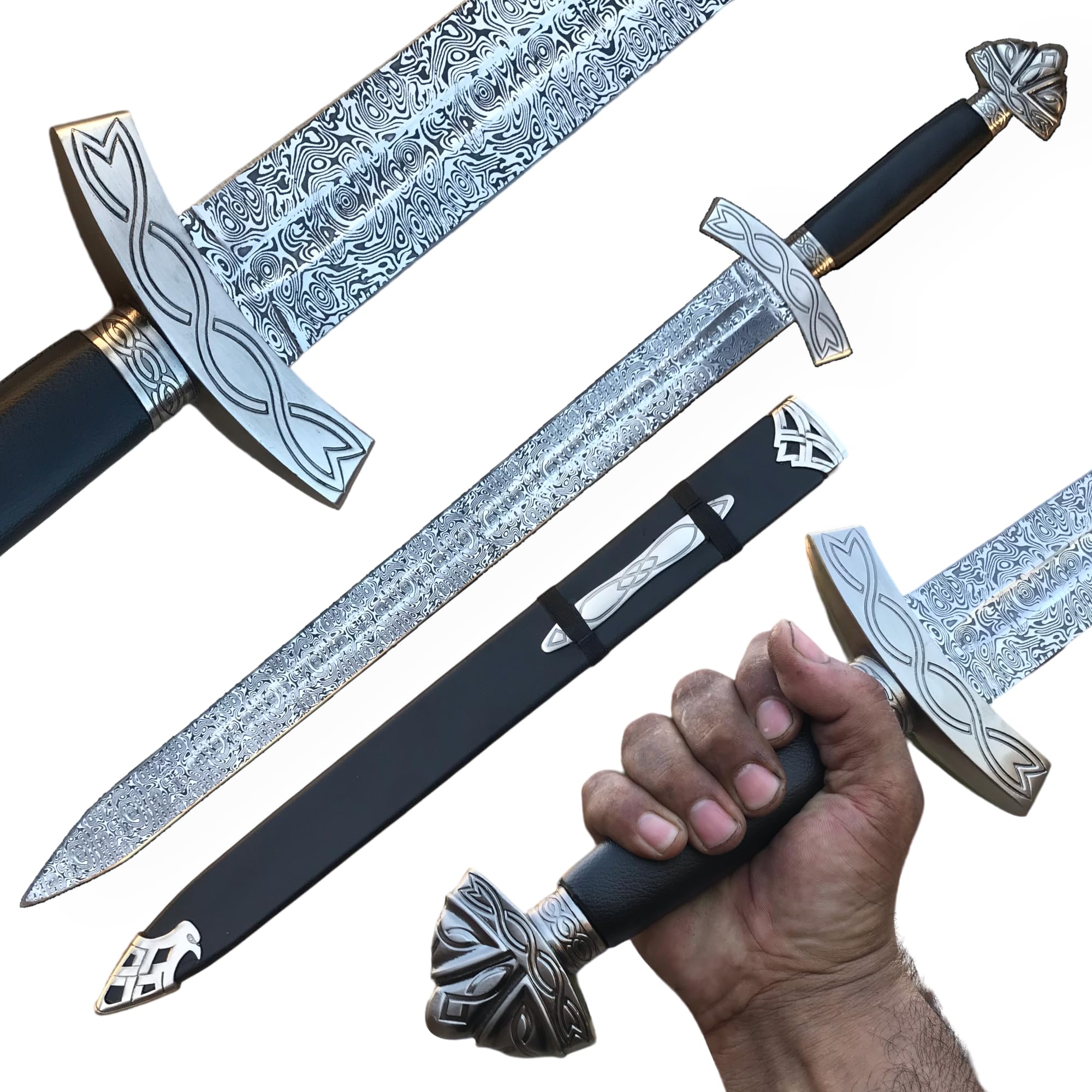 Authentic Damascus Steel Viking Sword - Handcrafted Norse Seax & Medieval Collectible - Perfect Gift for Men & Viking Enthusiasts - Great for Cosplay, Reenactments & Display