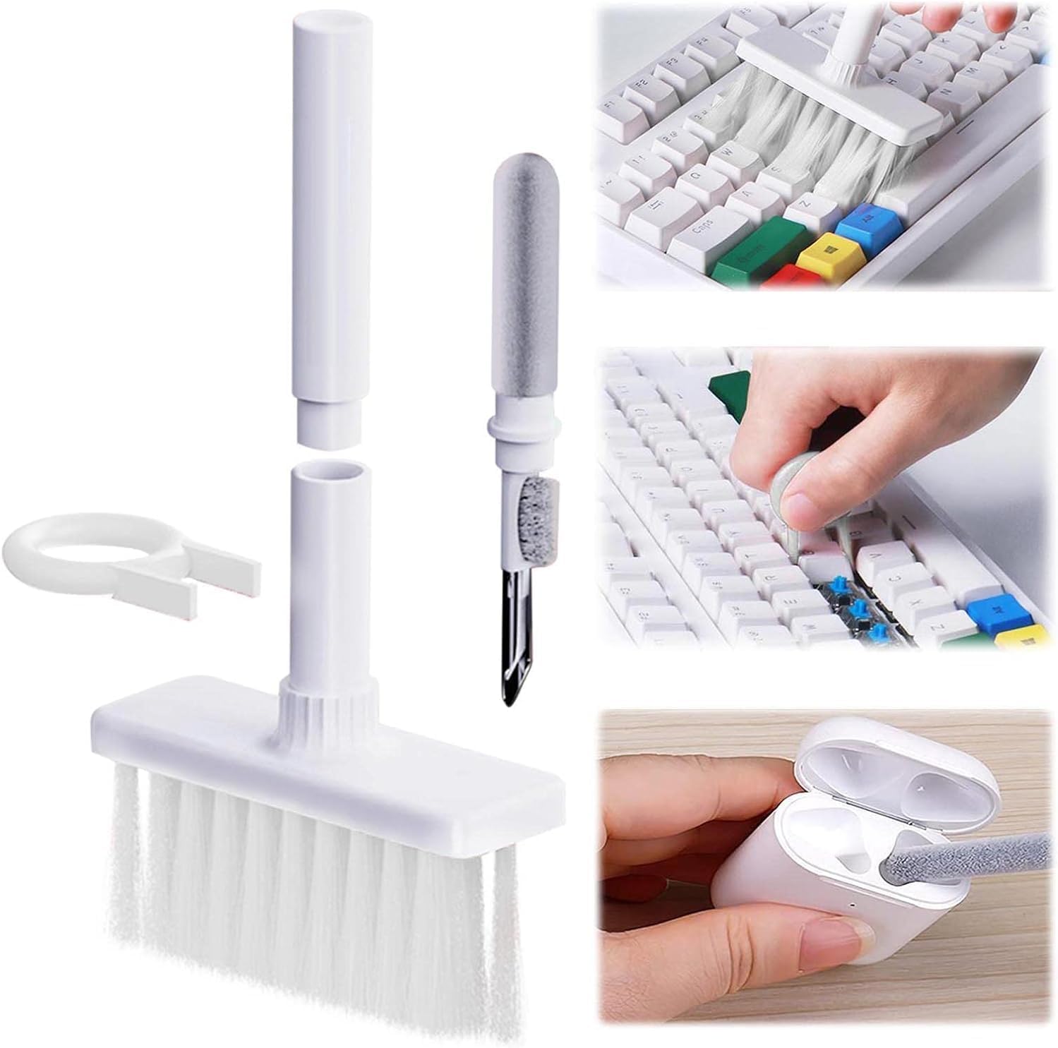 5-in-1 Keyboard Cleaning Kit with Soft Bristle Brush, Keycap Puller & Earbud Cleaner - Professional Cleaning Tools for Mechanical Keyboards, PC Laptops & Headphones (White) - Perfect for Gamers, Office Workers & Tech Enthusiasts