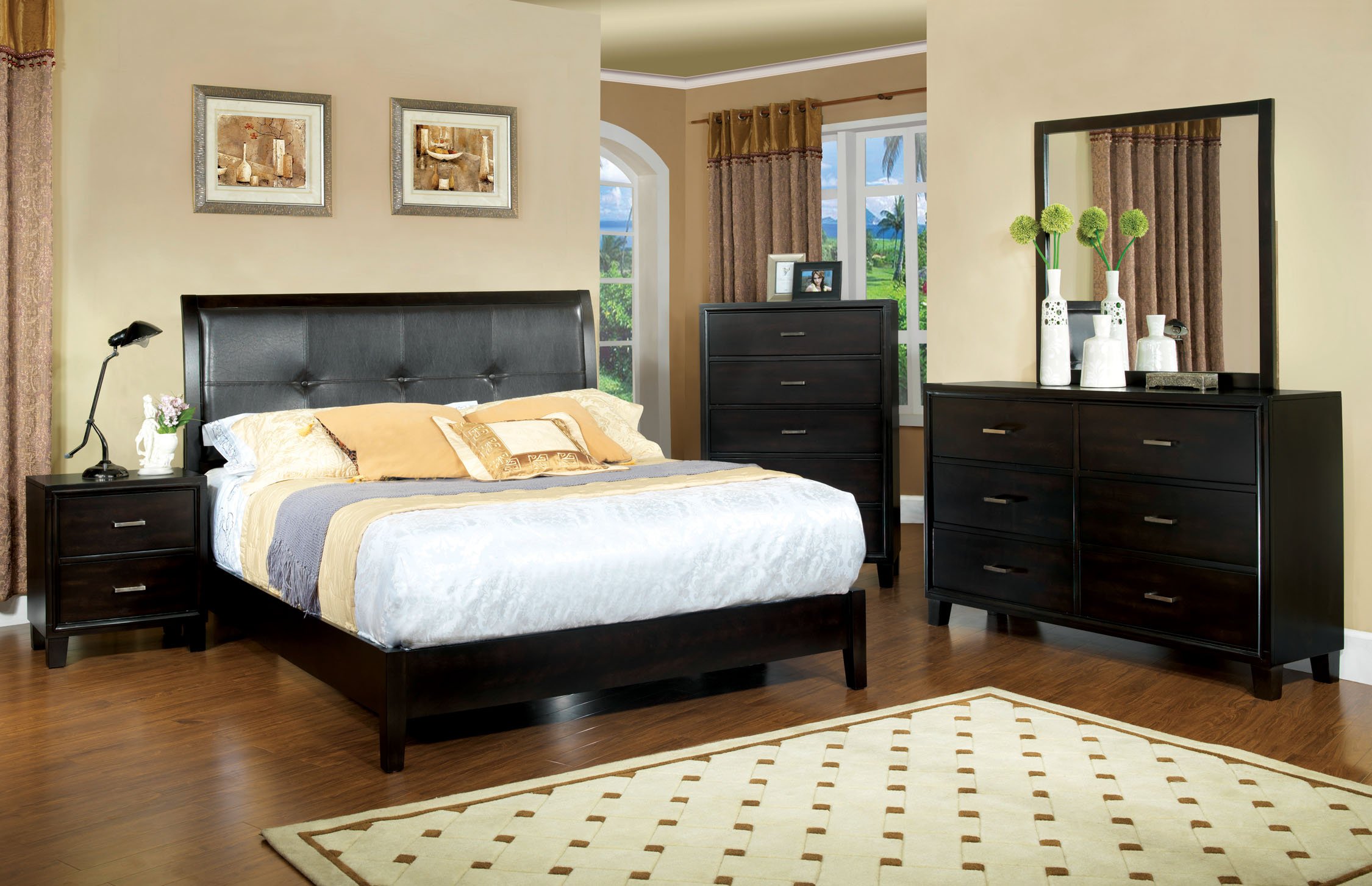 Furniture of America Sutherlin Full Size Leatherette Platform Bed with Espresso Finish - Modern Bedroom Furniture for Small Spaces & Guest Rooms