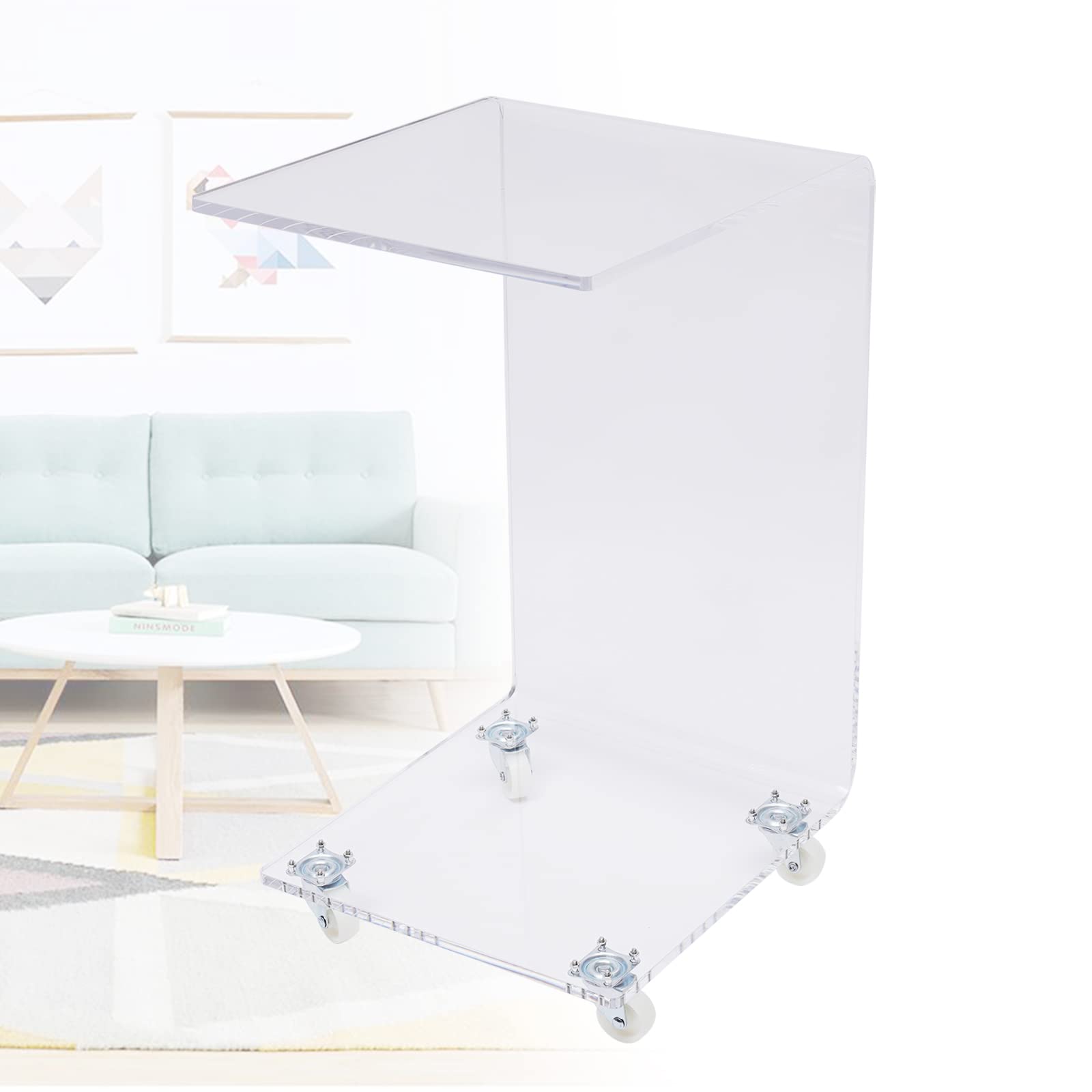 Modern C-Shaped Acrylic Side Table with Wheels - Translucent End Table, Sofa Table & Nightstand - Perfect for Living Room, Bedroom & Office Decor - Sturdy Snack Table & Display Stand for Home & Commercial Use