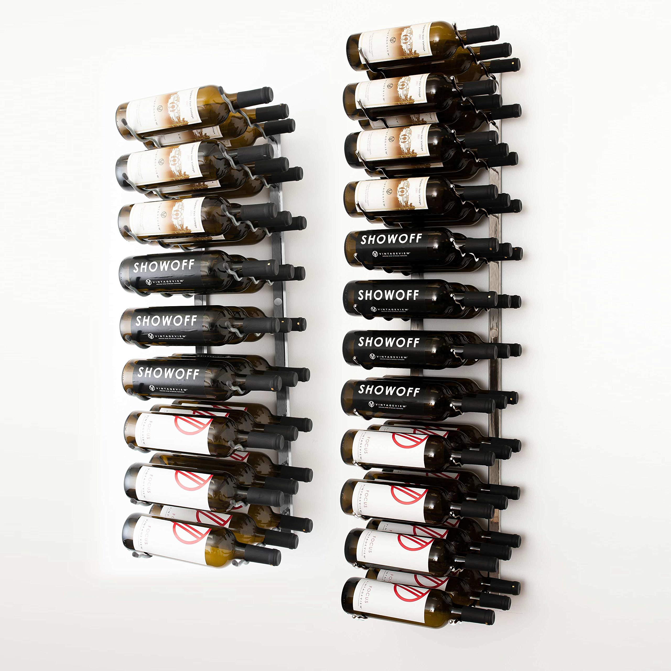 VintageView 7 Ft Wall Mounted Wine Rack - 63 Bottle Capacity Brushed Nickel Modern Wine Storage with Label Forward Design | Perfect for Home Bars, Wine Cellars & Dining Room Decor