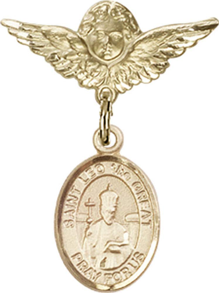 St. Leo The Great & Angel Wing Gold Filled Baby Badge Pin - Religious Jewelry for Christening, Baptism & First Communion Gifts - Handmade in USA