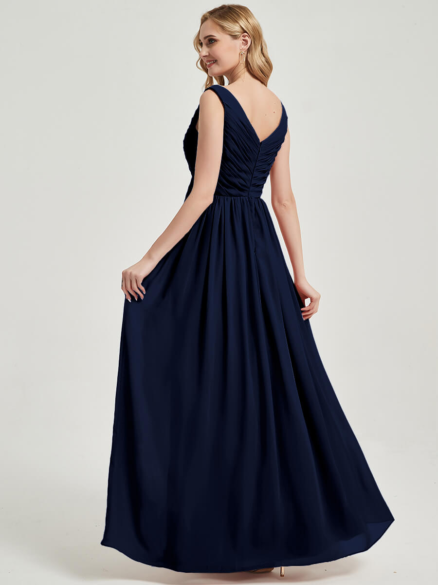 Dark Navy Pleated V-Neck Sleeveless Empire Waist Maxi Chiffon Bridesmaid Dress - Elegant Formal Wedding Party Gown for Bridesmaids, Evening Events & Special Occasions